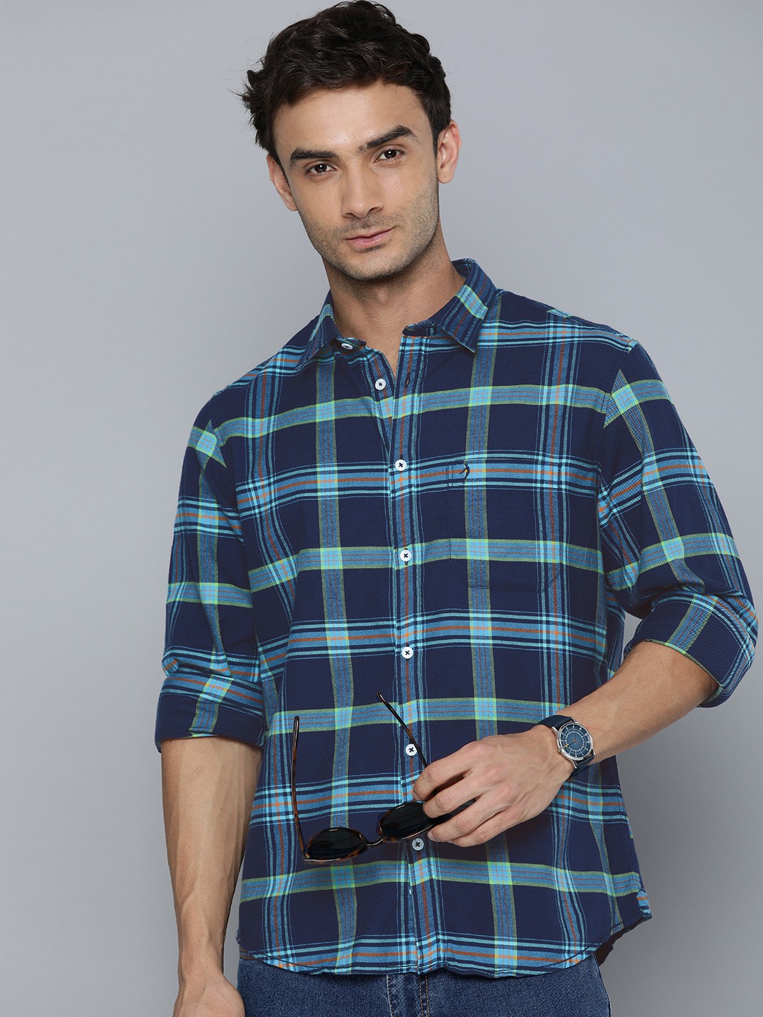 

Indian Terrain Pure Cotton Classic Slim Fit Checked Casual Shirt, Navy blue