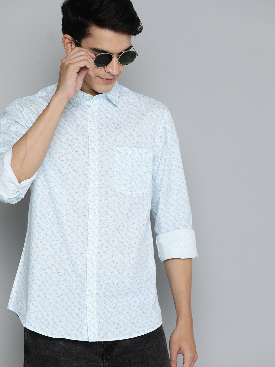 Indian Terrain Cotton Slim Fit Printed Casual Shirt, White