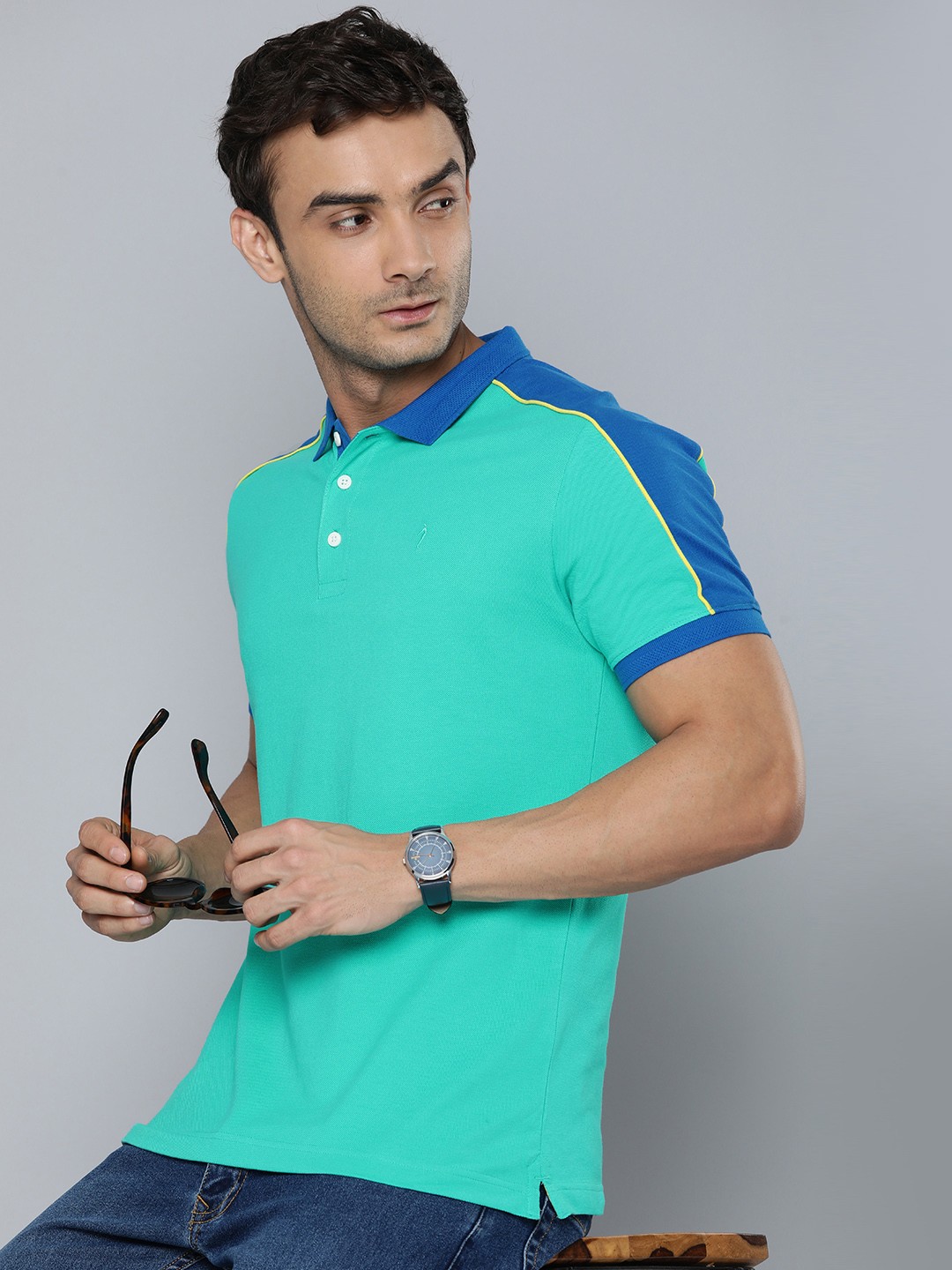 

Indian Terrain Colourblocked Polo Collar Pure Cotton T-shirt, Green