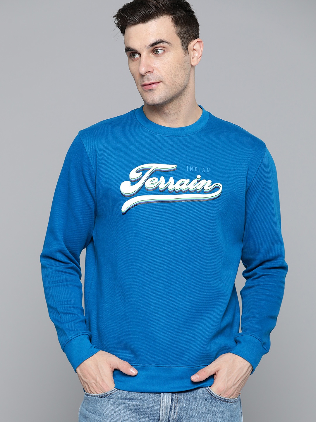 

Indian Terrain Pure Cotton Brand Logo Printed Sweatshirt, Blue