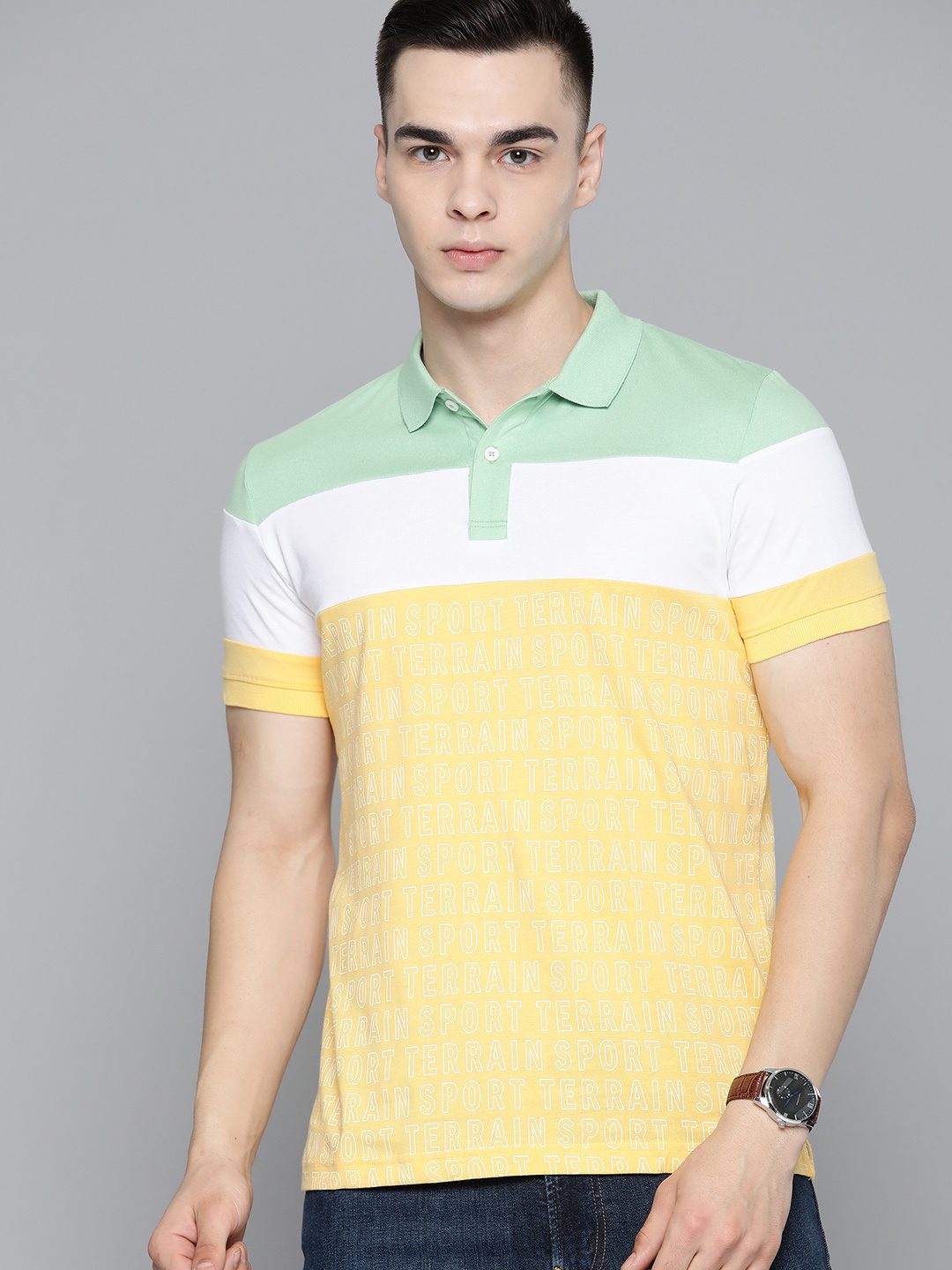 

Indian Terrain Striped Polo Collar Pure Cotton T-shirt, Yellow