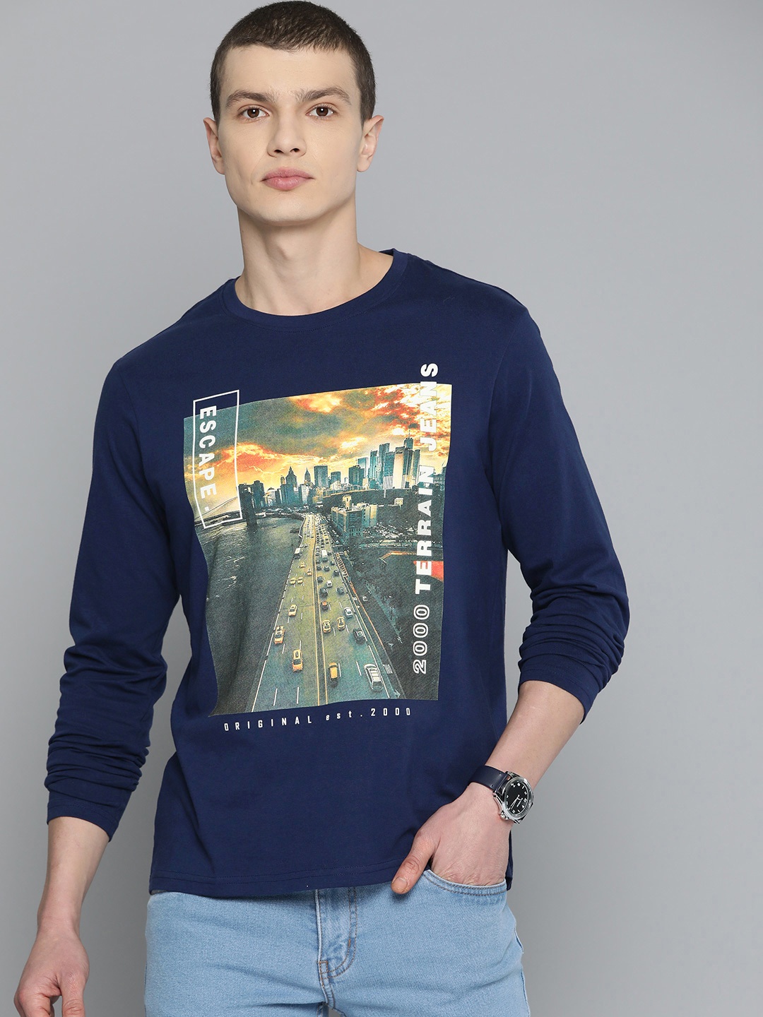 

Indian Terrain Printed Pure Cotton T-shirt, Navy blue