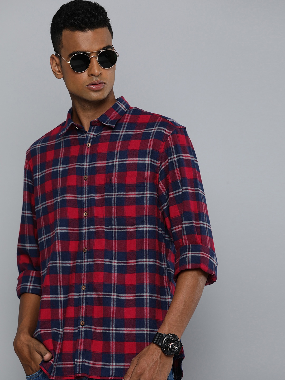 

Indian Terrain Pure Cotton Classic Slim Fit Opaque Checked Casual Shirt, Red