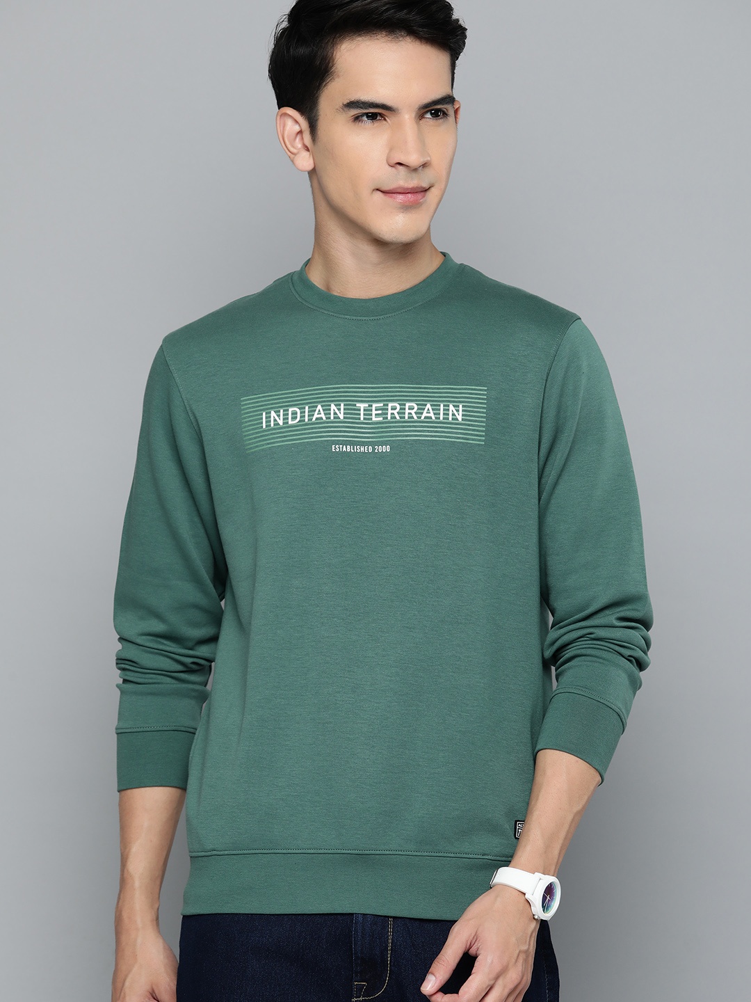

Indian Terrain Brand Logo Printed Round Neck Sweatshirt, Green