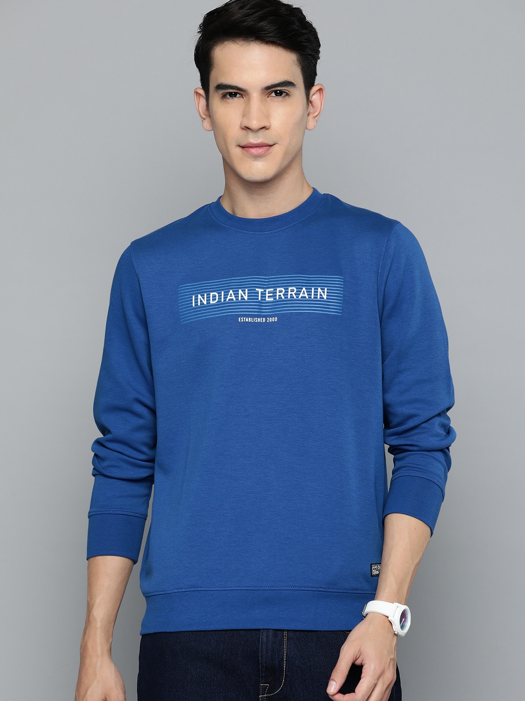 

Indian Terrain Brand Logo Printed Round Neck Sweatshirt, Blue