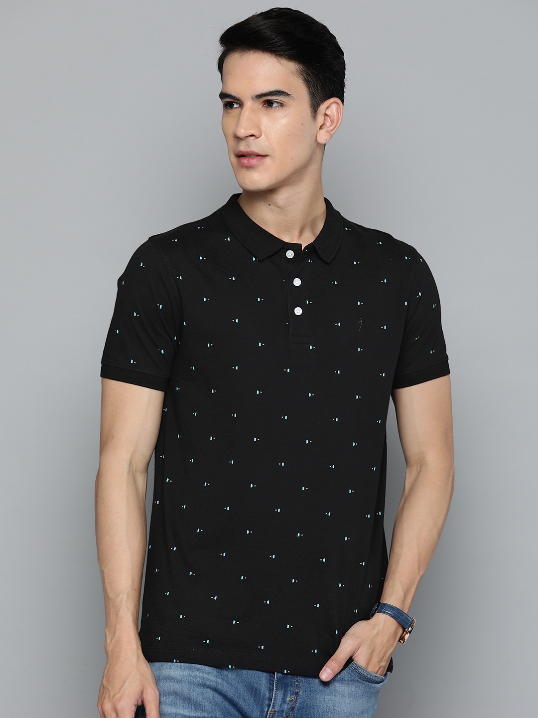 

Indian Terrain Polo Collar Geometric Printed Pure Cotton T-shirt, Black