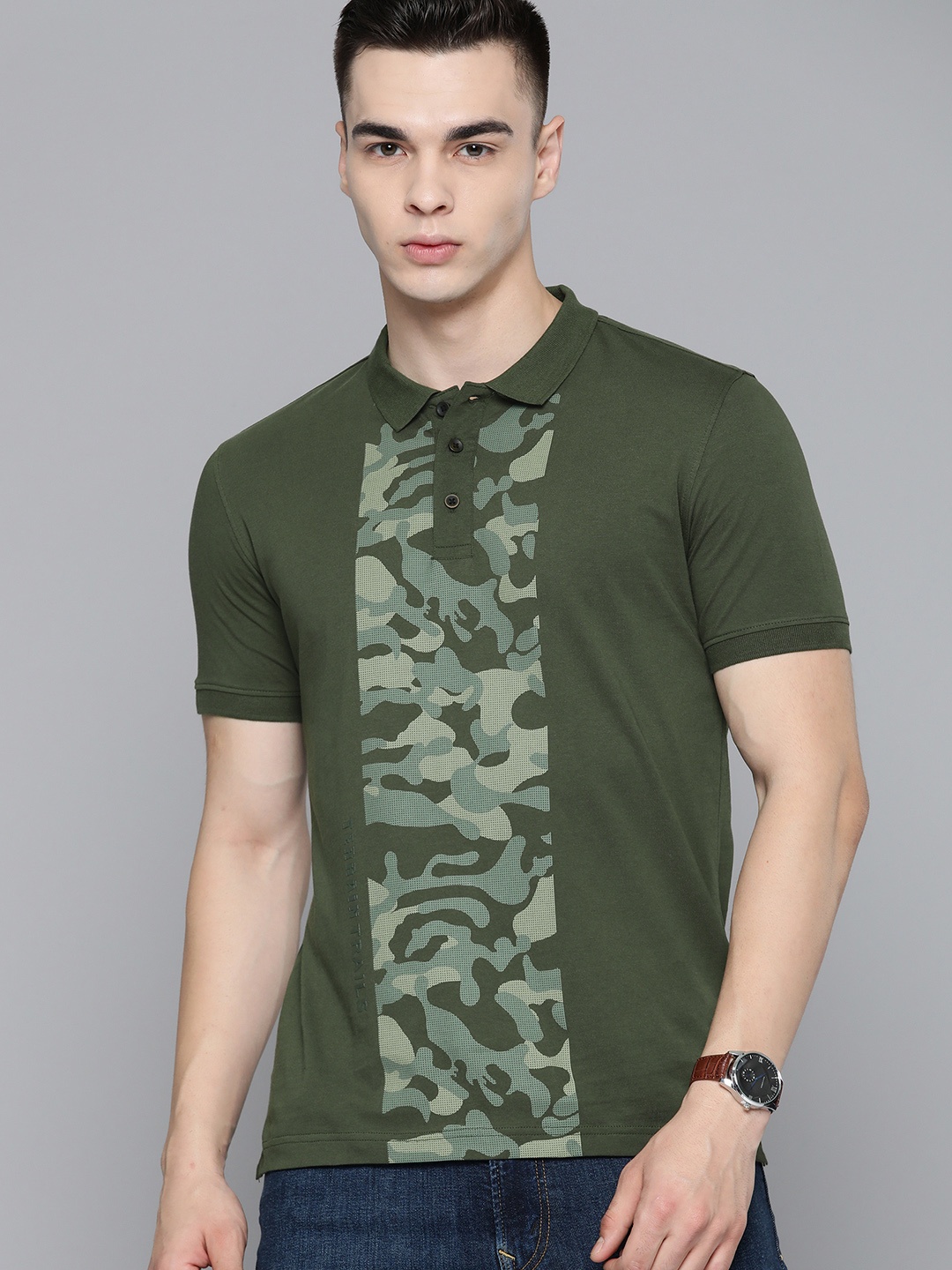 

Indian Terrain Camouflage Print Pure Cotton Polo T-shirt, Olive