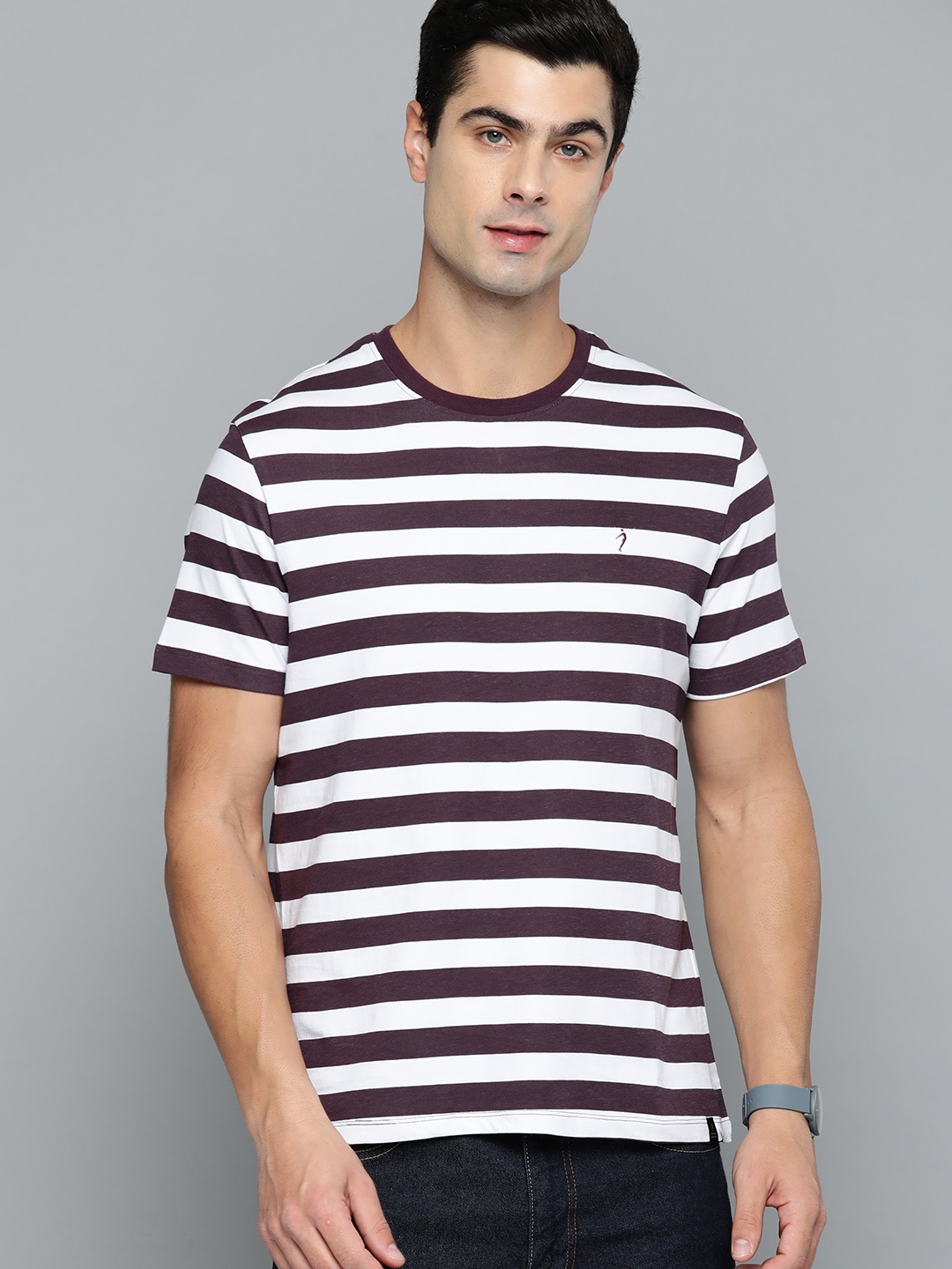 

Indian Terrain Striped Pure Cotton T-shirt, Burgundy