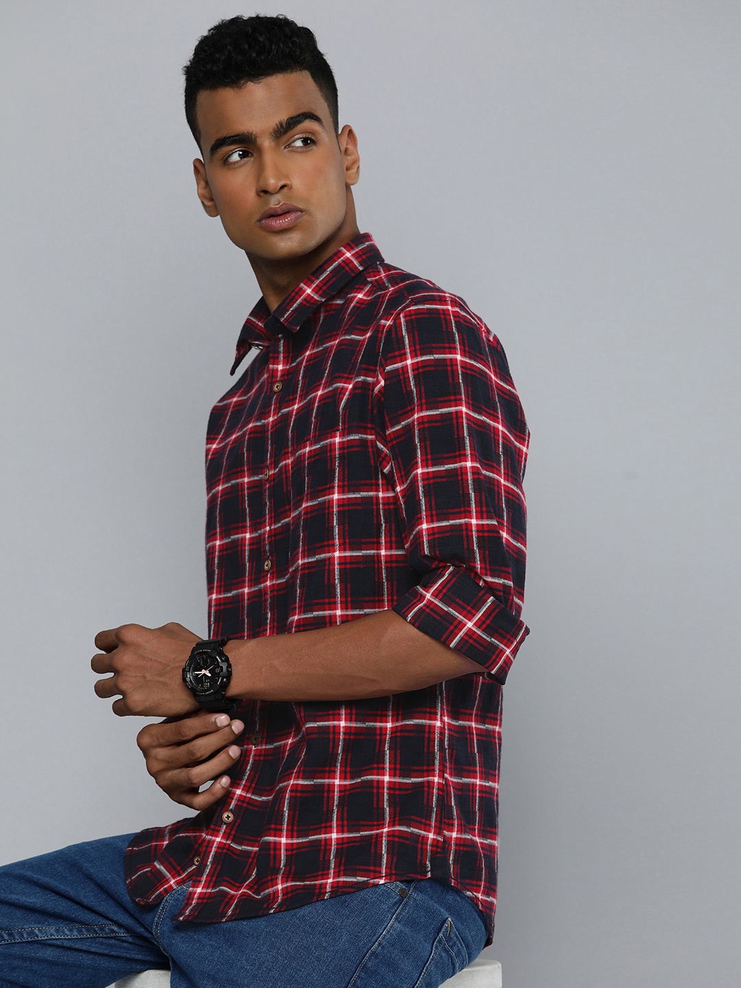 

Indian Terrain Pure Cotton Classic Slim Fit Checked Casual Shirt, Navy blue