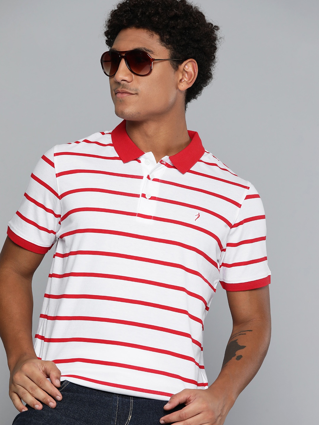 

Indian Terrain Striped Polo Collar Short Sleeves Pure Cotton T-shirt, Red