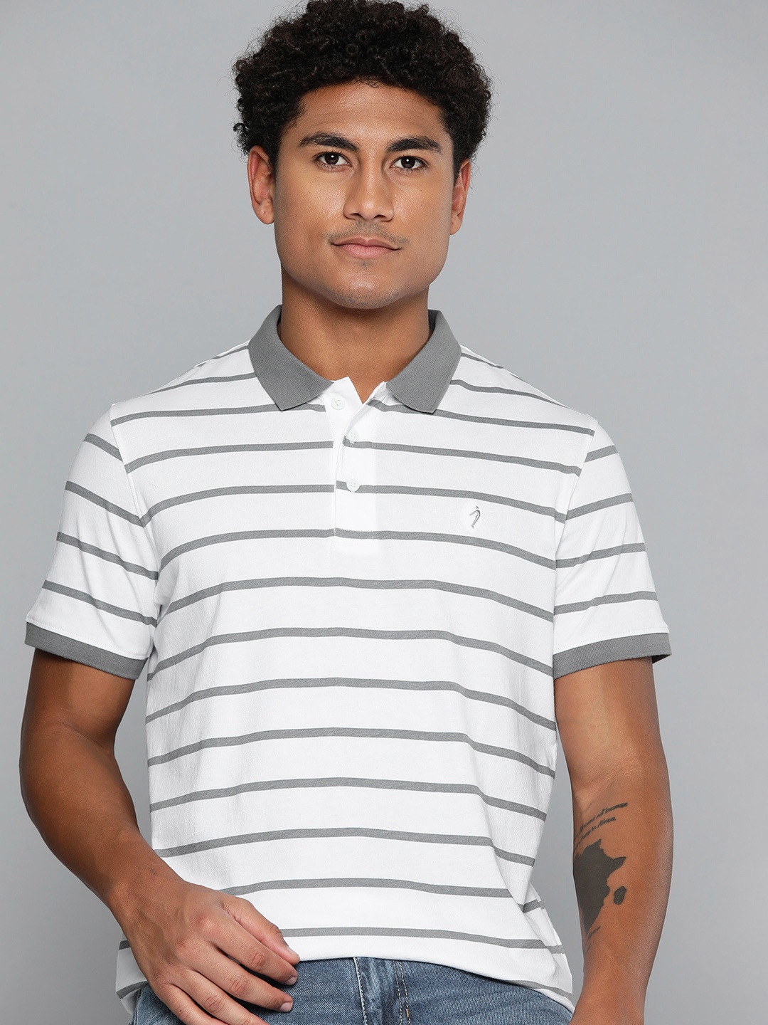 

Indian Terrain Striped Polo Collar Short Sleeves Pure Cotton T-shirt, Grey