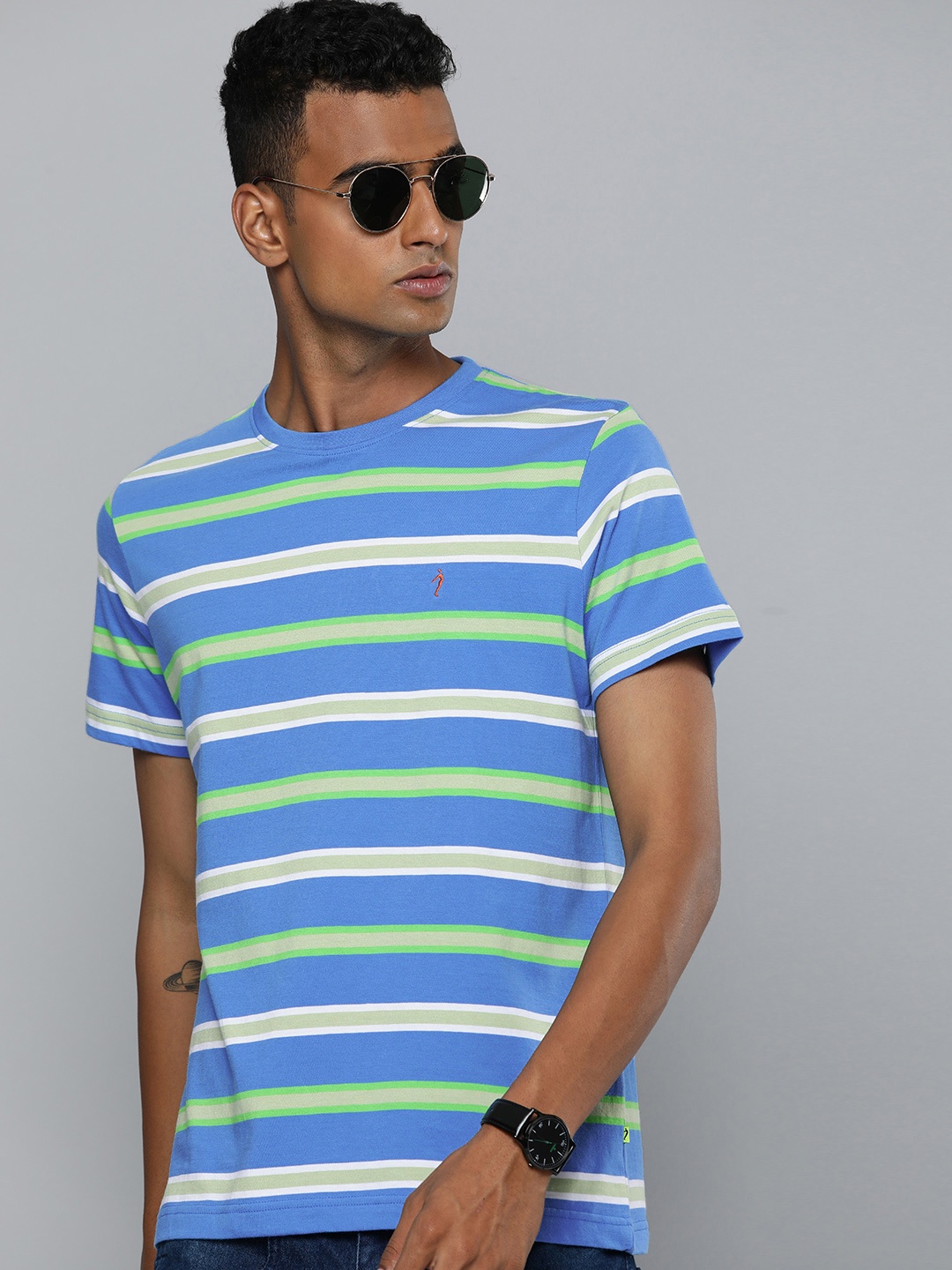 

Indian Terrain Striped Pure Cotton T-shirt, Blue