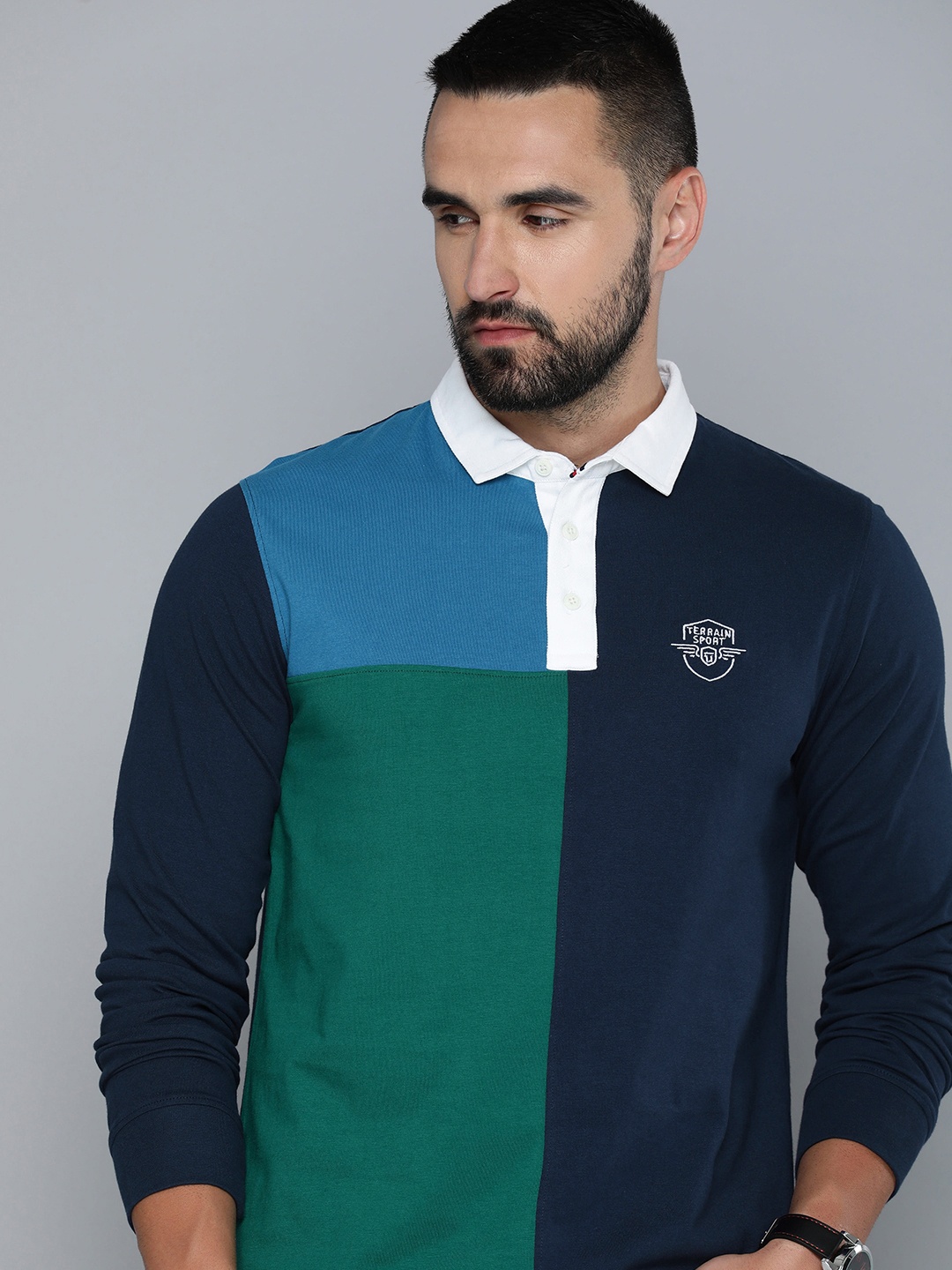 

Indian Terrain Pure Cotton Colourblocked Polo Collar Casual T-shirt, Navy blue