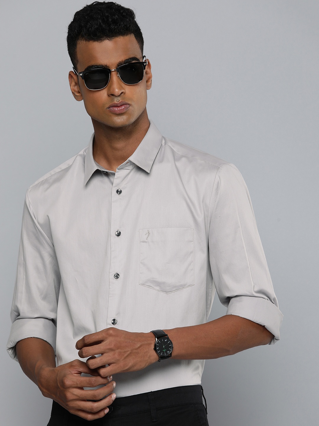 

Indian Terrain Pure Cotton Classic Slim Fit Opaque Semiformal Shirt, Grey