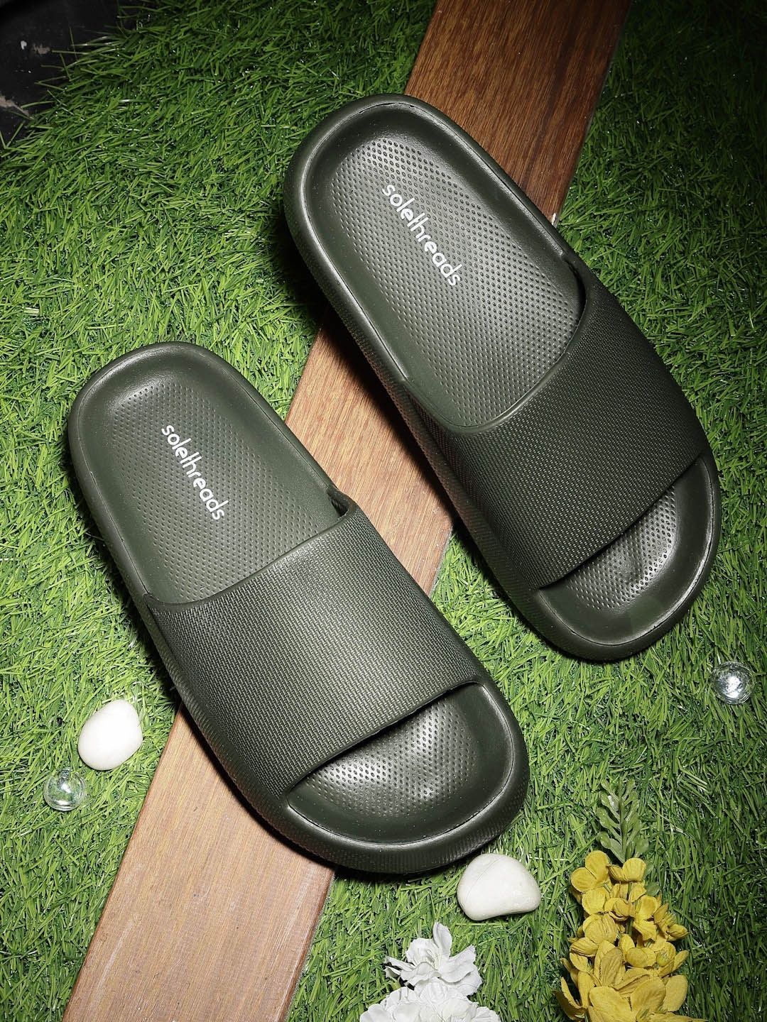 

Solethreads Men CUSHION Self Design Waterproof Skid-Resistant Slides, Olive