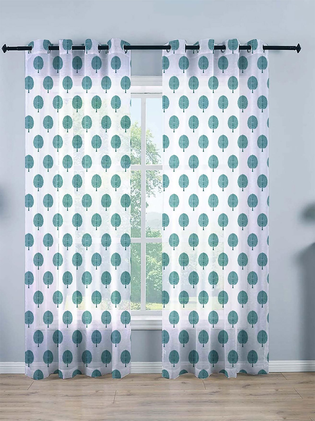 

STITCHNEST White & Green Floral Printed Sheer Door Curtain