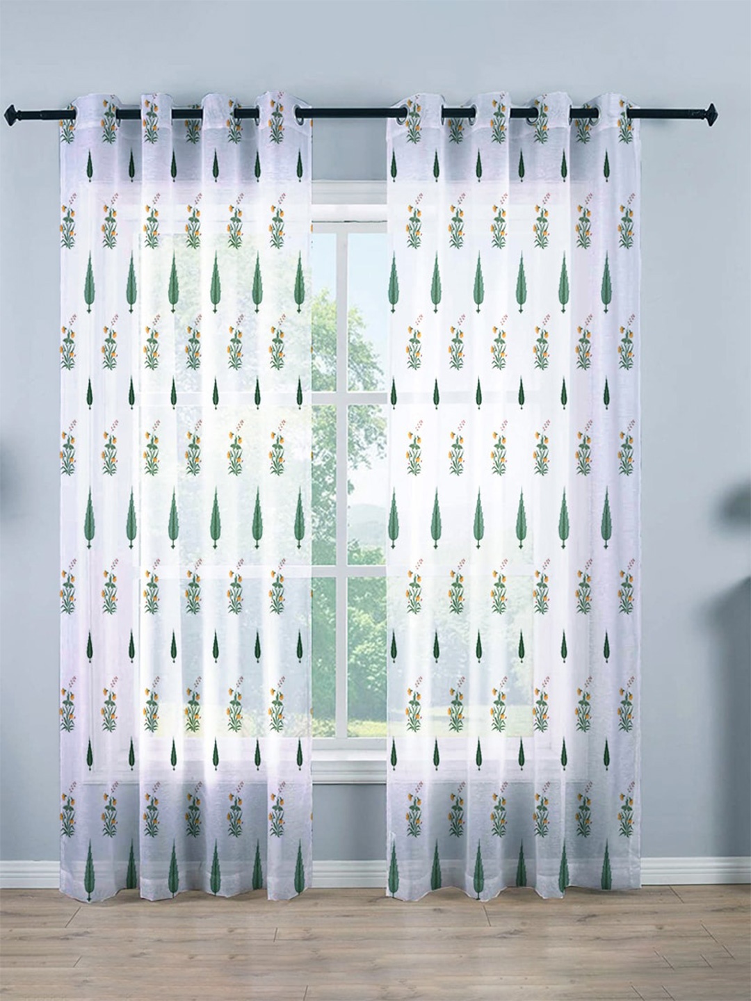 STITCHNEST White & Green Floral Printed Sheer Door Curtain