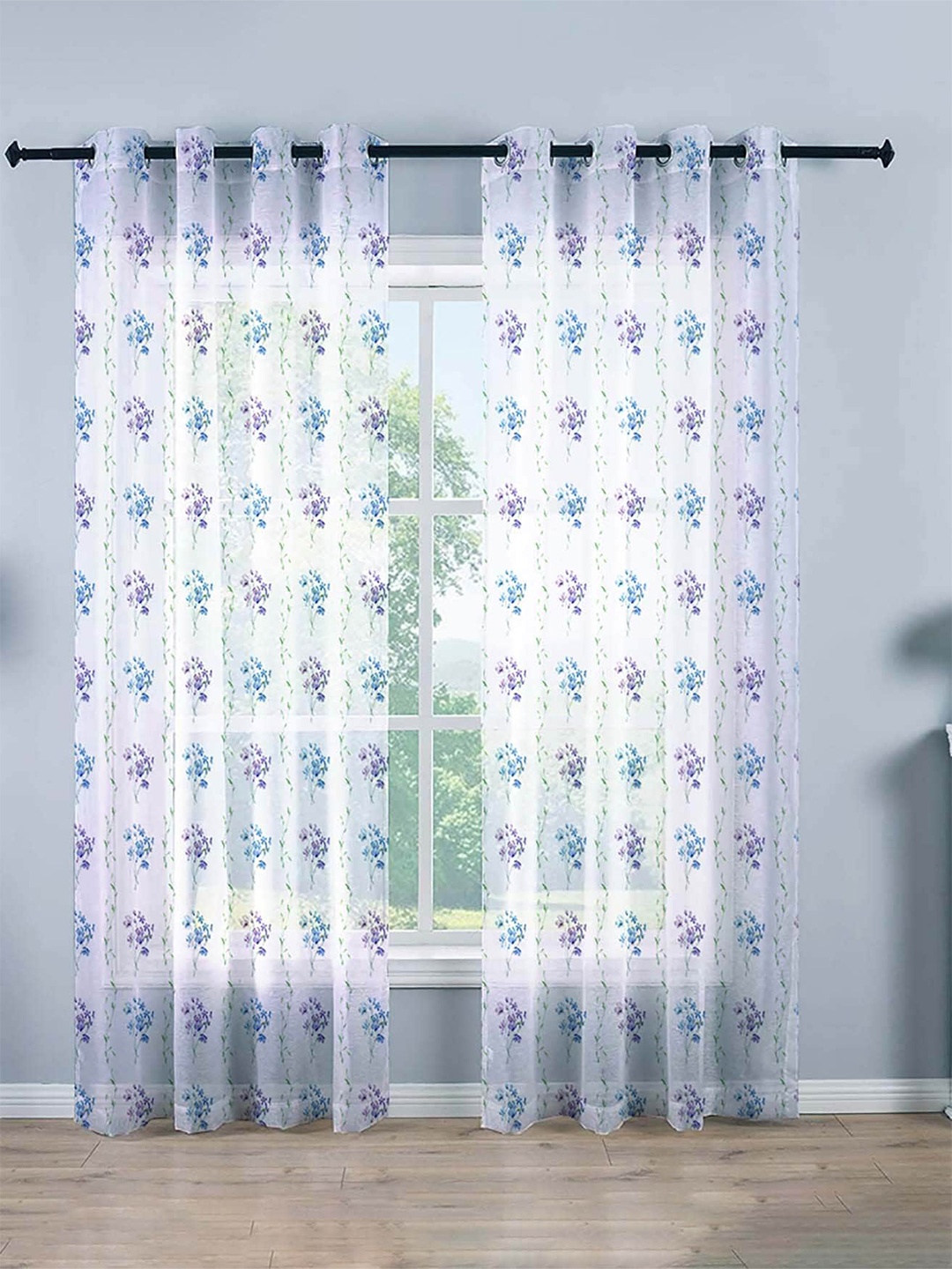 

STITCHNEST White & Green Floral Sheer Long Door Curtain