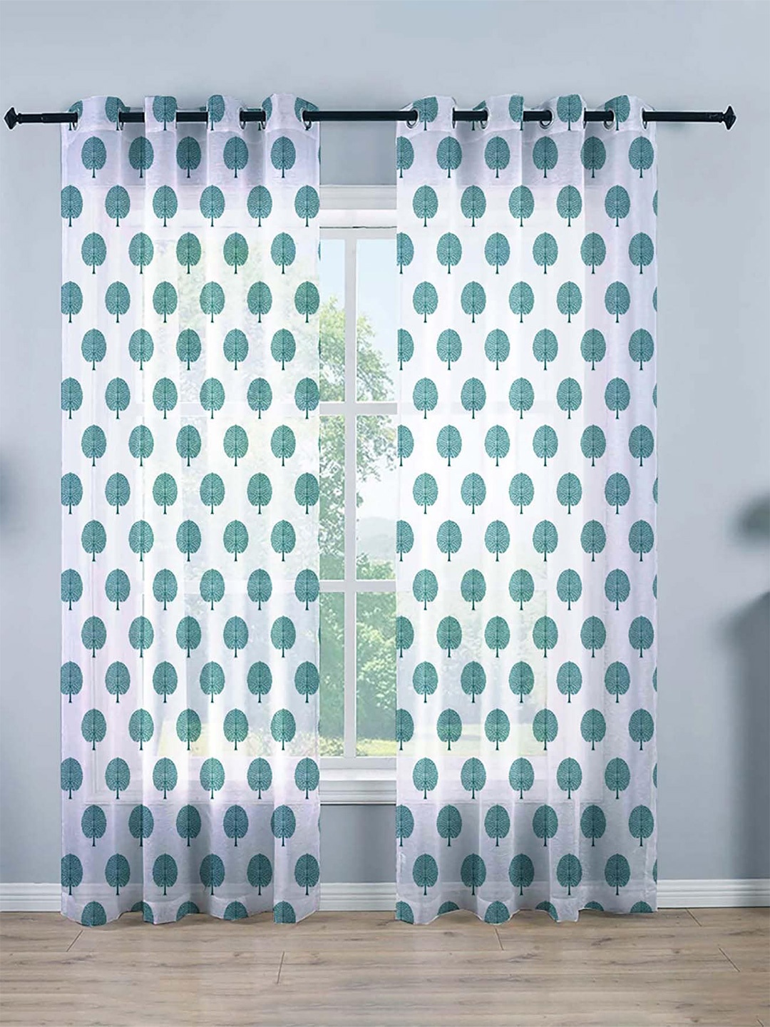 

STITCHNEST White & Green 2 Pieces Floral Sheer Window Curtains