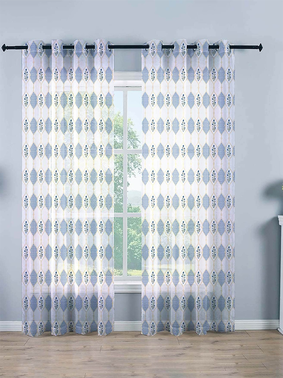 STITCHNEST White & Blue Floral Printed Sheer Door Curtain