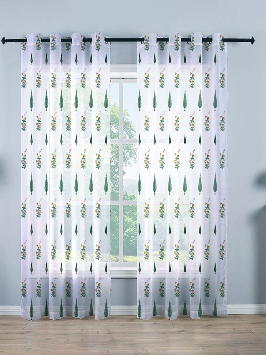 

STITCHNEST White & Green Floral Sheer Long Door Curtain