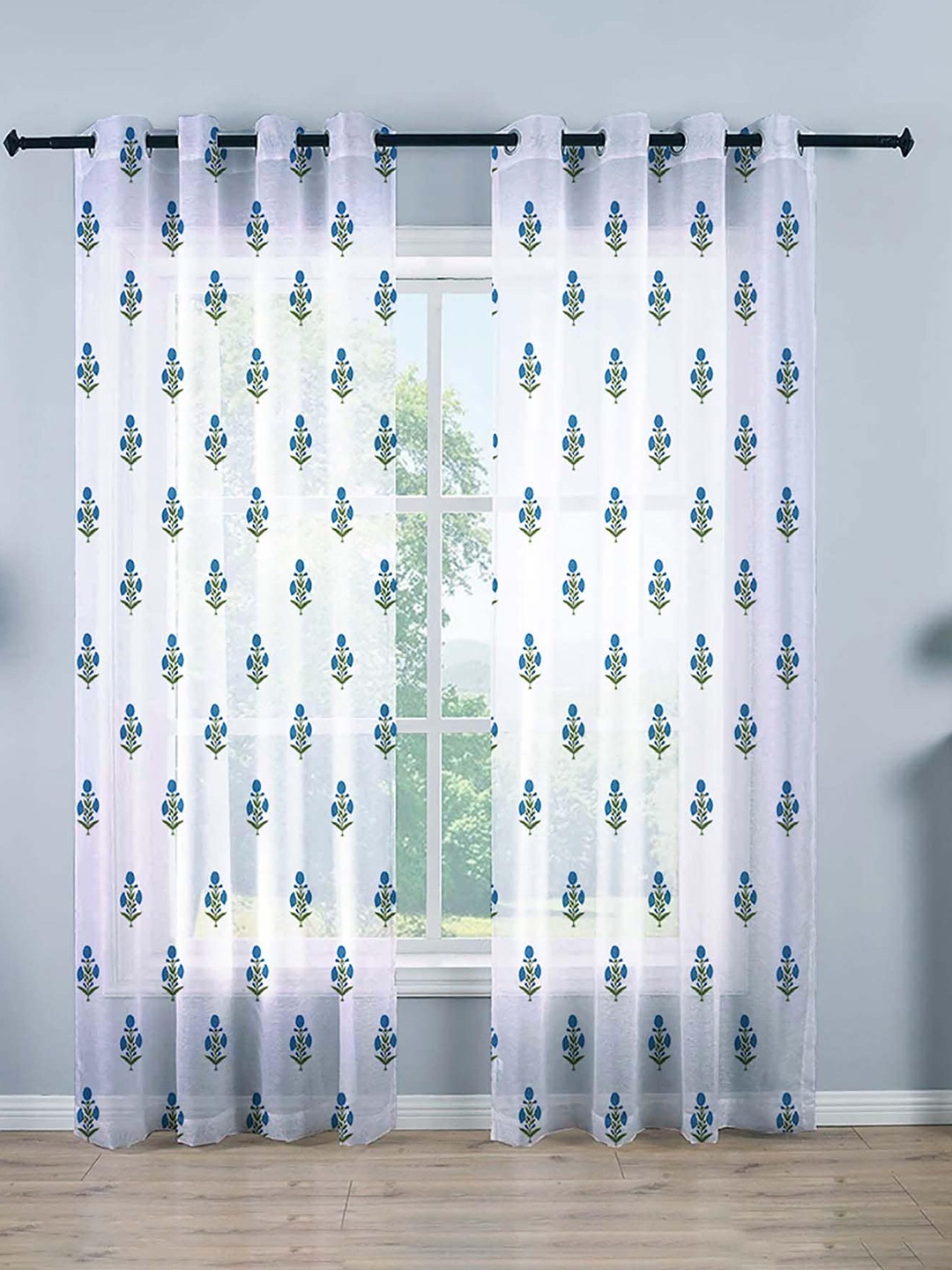 

STITCHNEST White & Blue 2 Pieces Floral Sheer Window Curtains