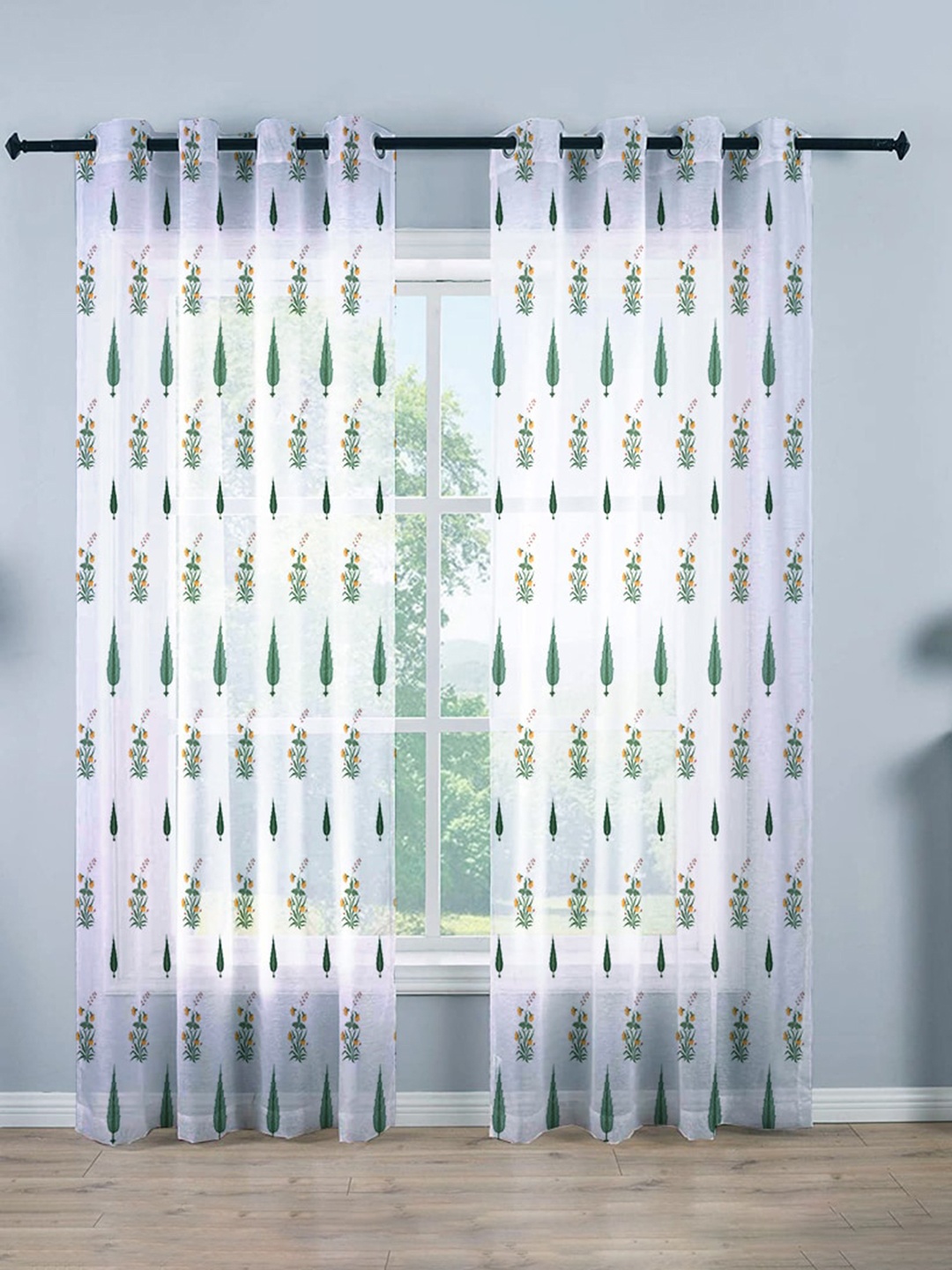 

STITCHNEST White & Green Floral Sheer Door Curtain