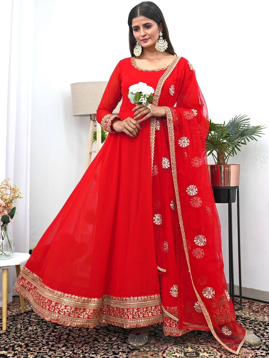 

KALINI Floral Embroidered Georgette Anarkali Kurta With Dupatta, Red