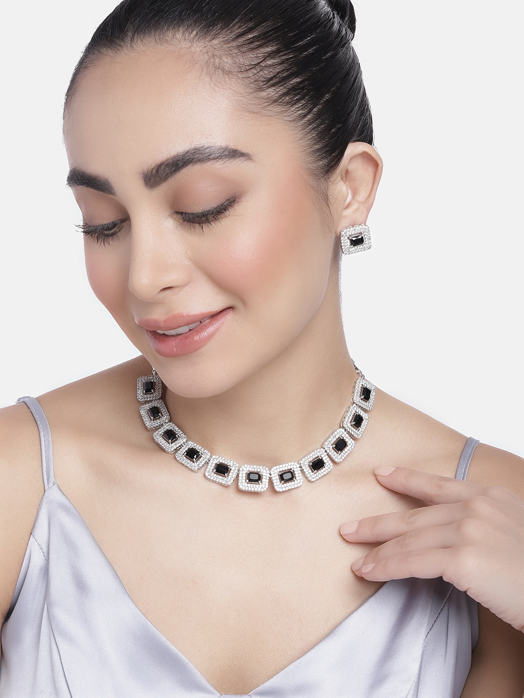 

Estele Rhodium Plated CZ Ravishing Necklace Set with Black & White Crystals, Silver