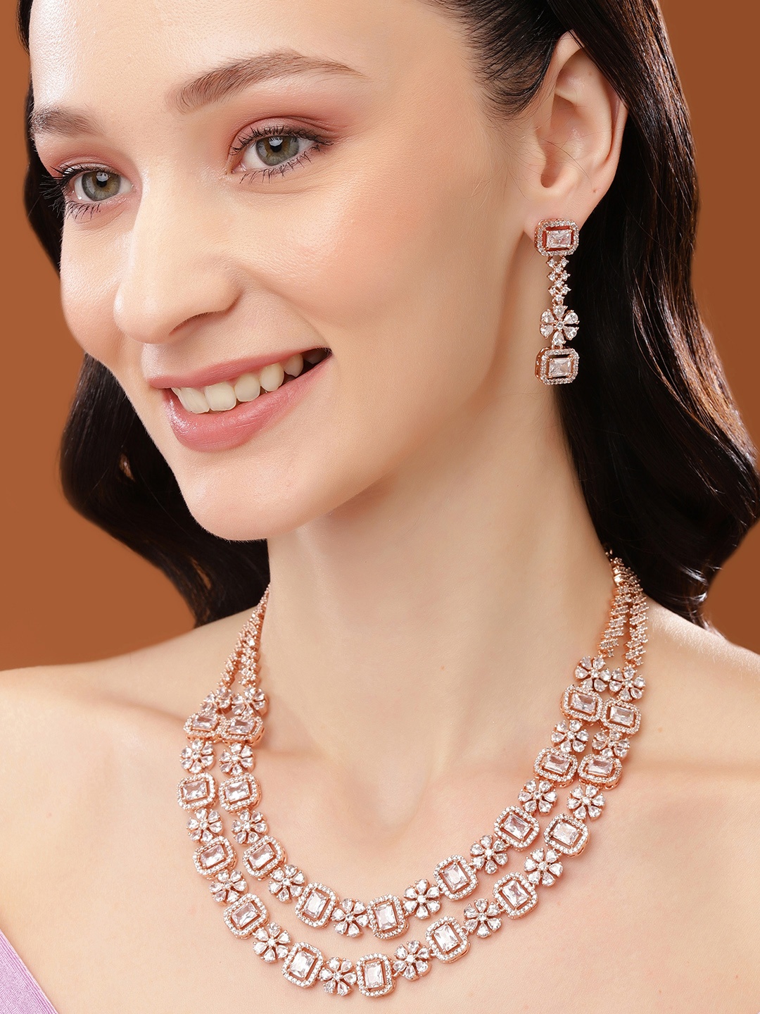

Estele Rose Gold Plated CZ Fascinating Necklace Set with White Austrian Crystals