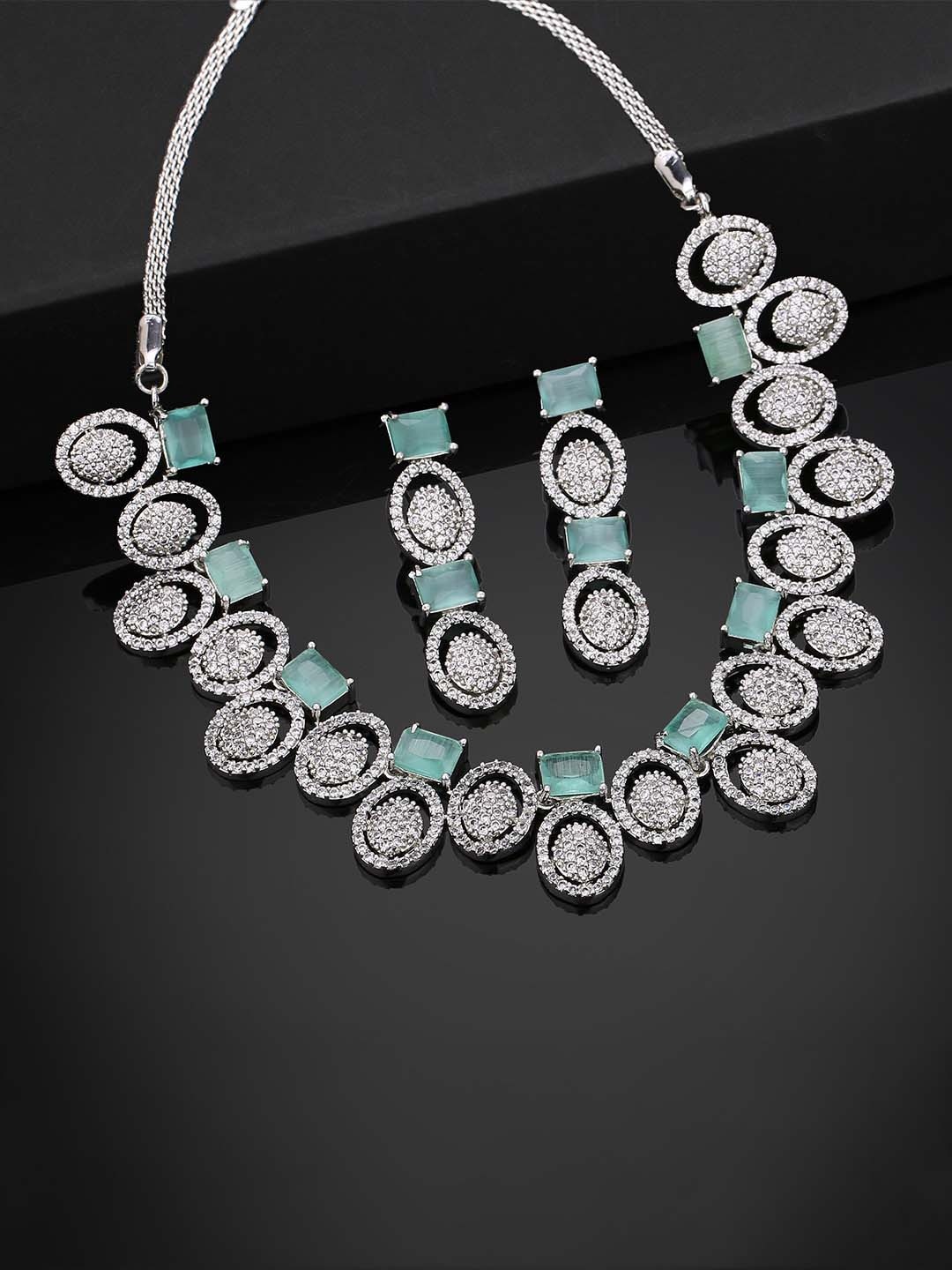 

Estele Rhodium Plated CZ Mesmerizing Necklace Set with Mint Green Crystals for Women, Silver