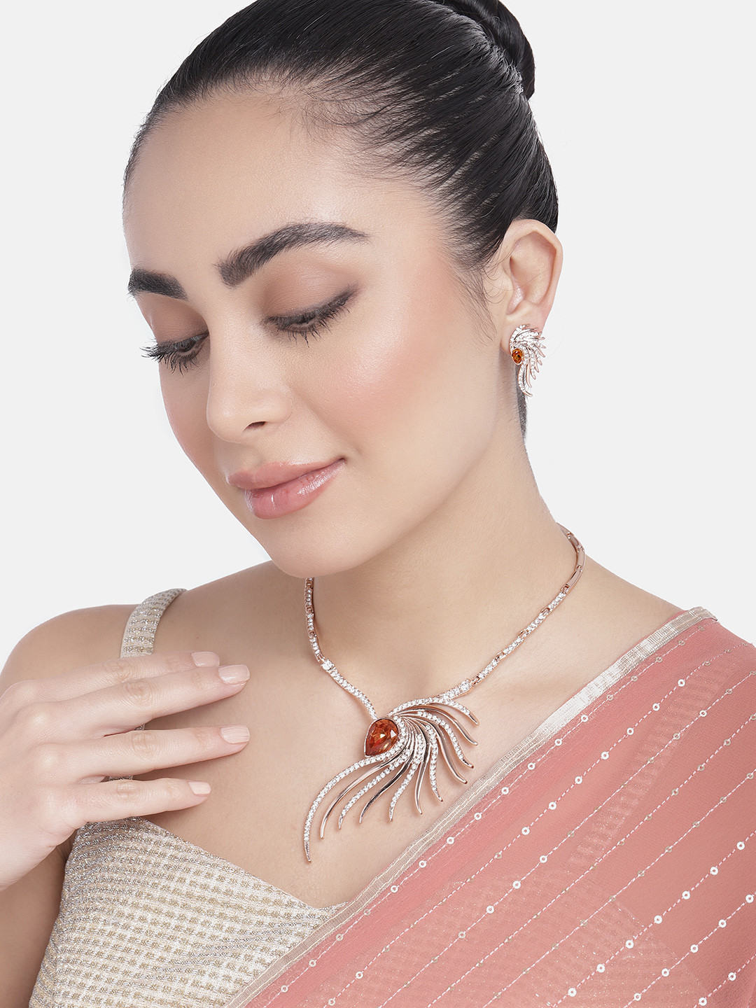 

Estele Rose Gold Plated Spike Designer Necklace Set with Light Brown Crystals