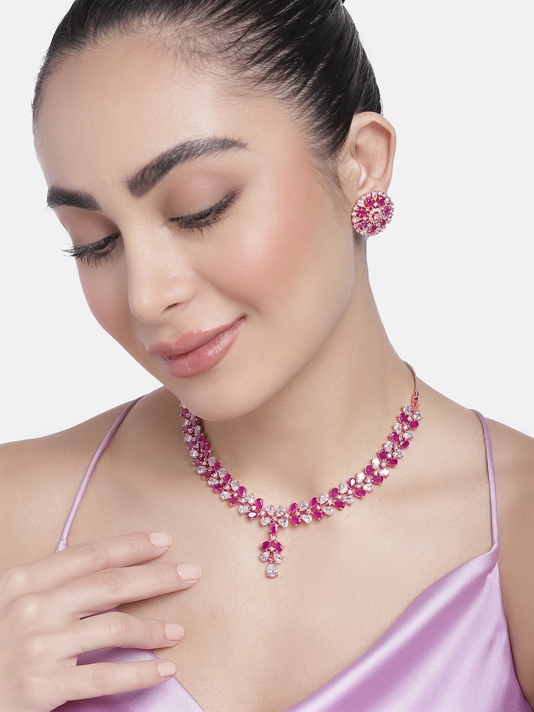 

Estele Rose Gold Plated CZ Flower Designer Necklace Set with Ruby Crystals