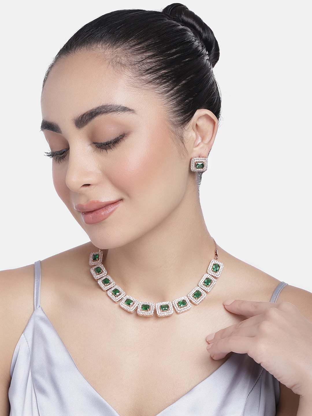 

Estele Rose Gold Plated CZ Shimmering Necklace Set with Green Crystals