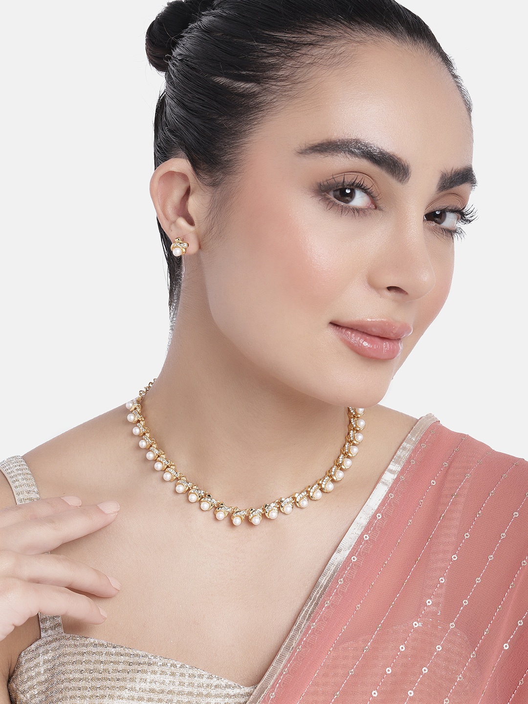 Estele Gold Plated Beautiful Necklace Set with Austrian Crystals & Pearls