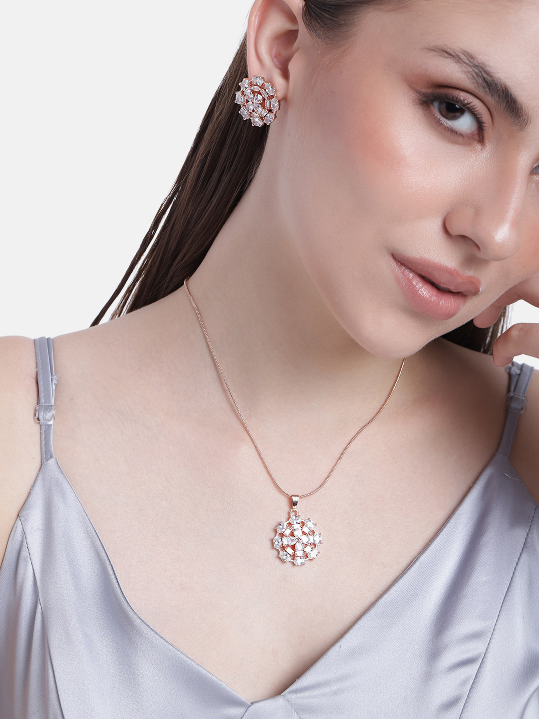 

Estele Rose Gold Plated Cubic Zirconia-Studded Pendent And Earrings