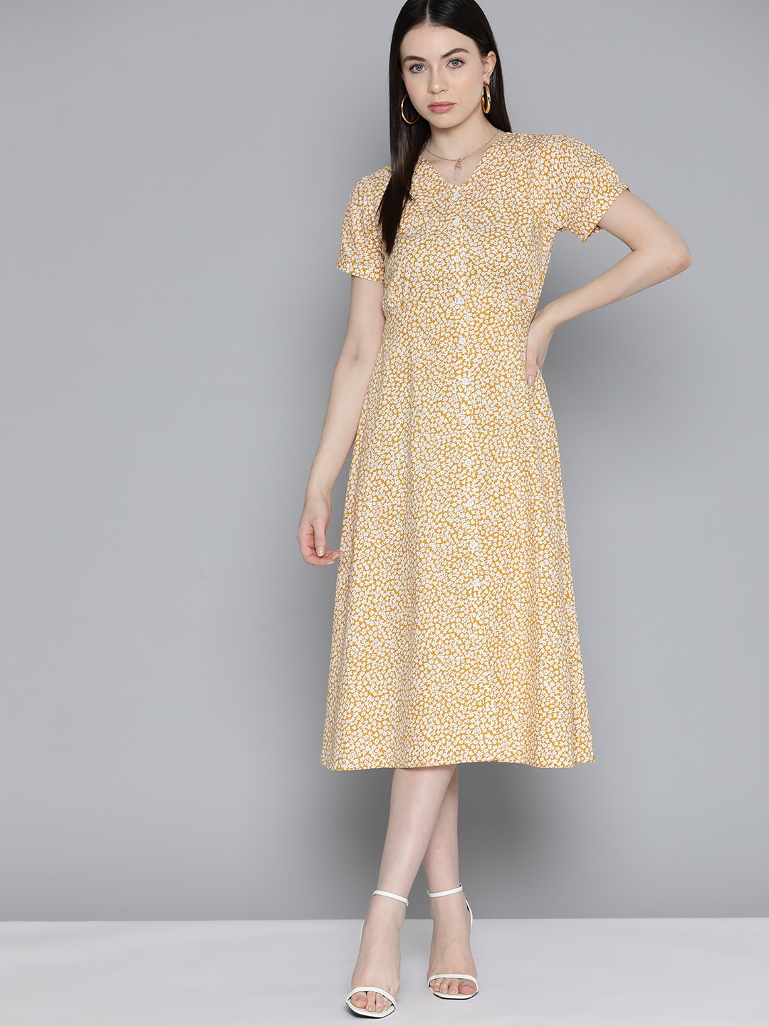 

Chemistry Floral Print A-Line Cotton Midi Dress, Yellow