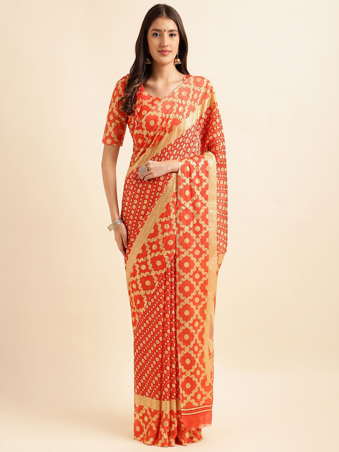 

Mitera Orange & Gold-Toned Geometric Printed Pure Chiffon Saree