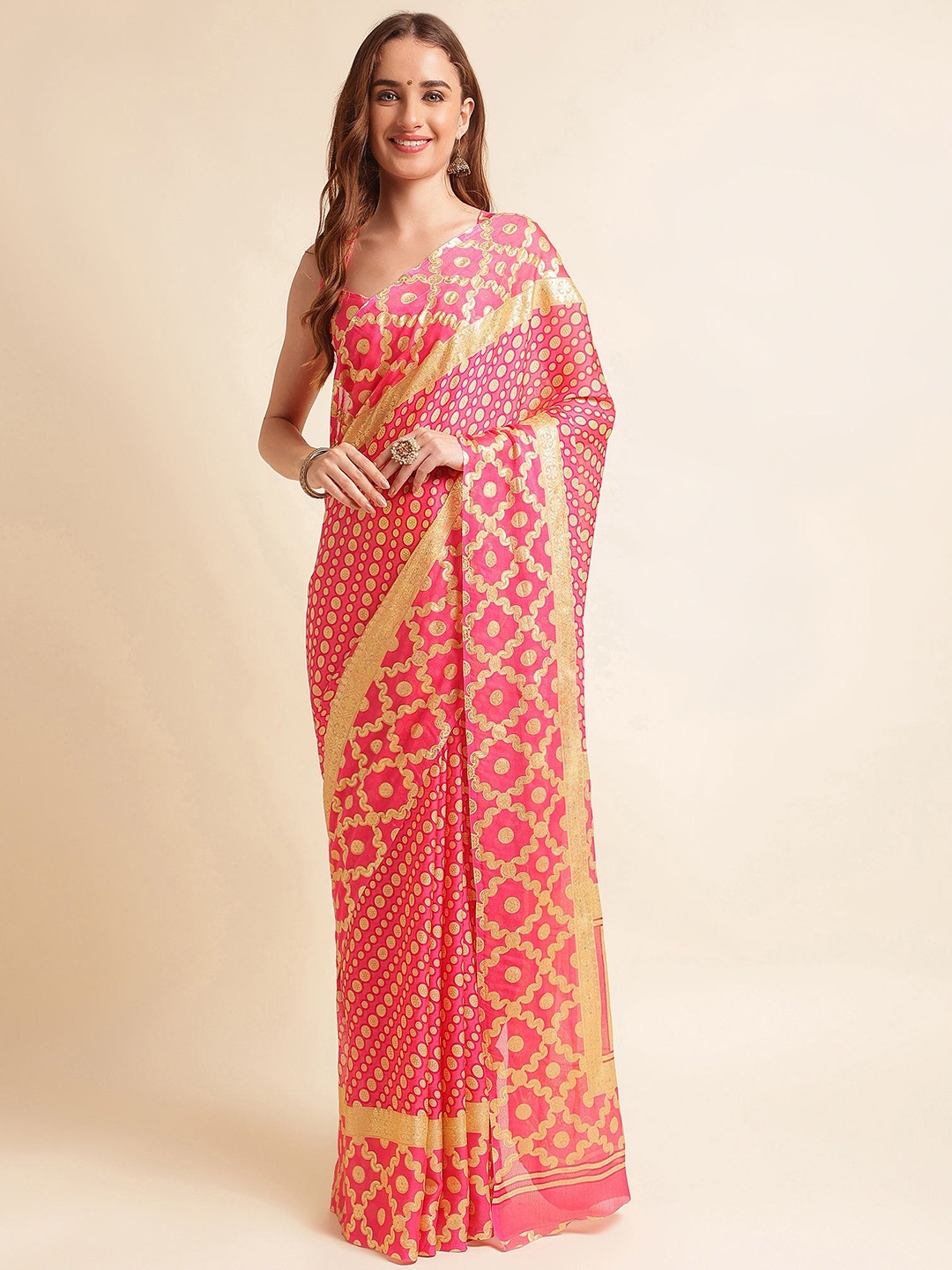 

Mitera Pink & Cream-Coloured Floral Printed Pure Chiffon Saree