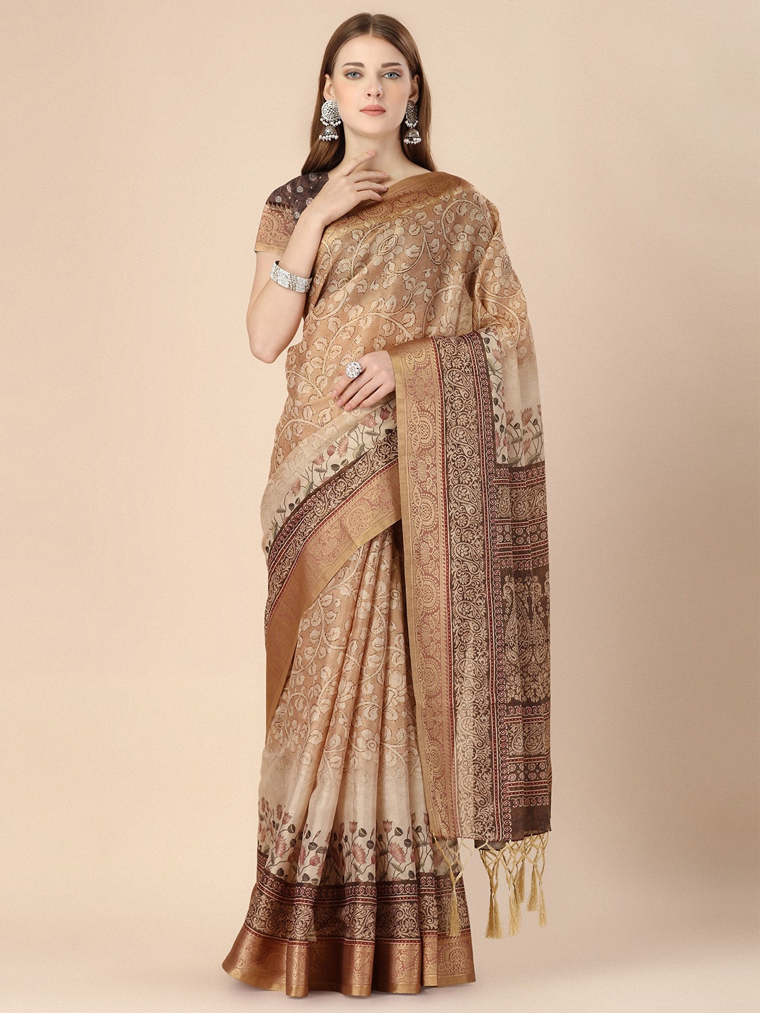 

Mitera Ethnic Motifs Printed Zari Silk Cotton Saree, Beige