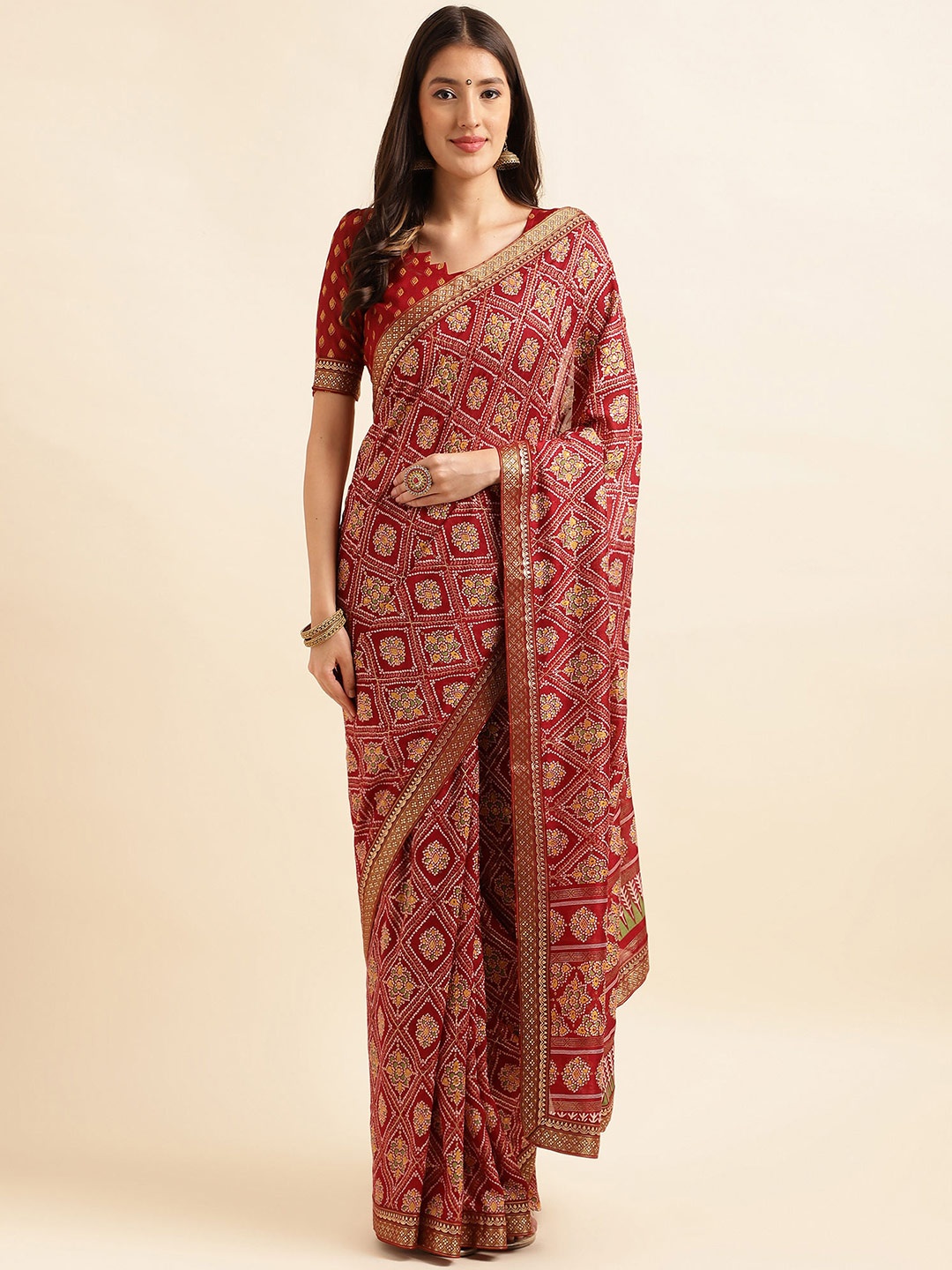 

Mitera Maroon & Green Ethnic Motifs Printed Pure Silk Saree