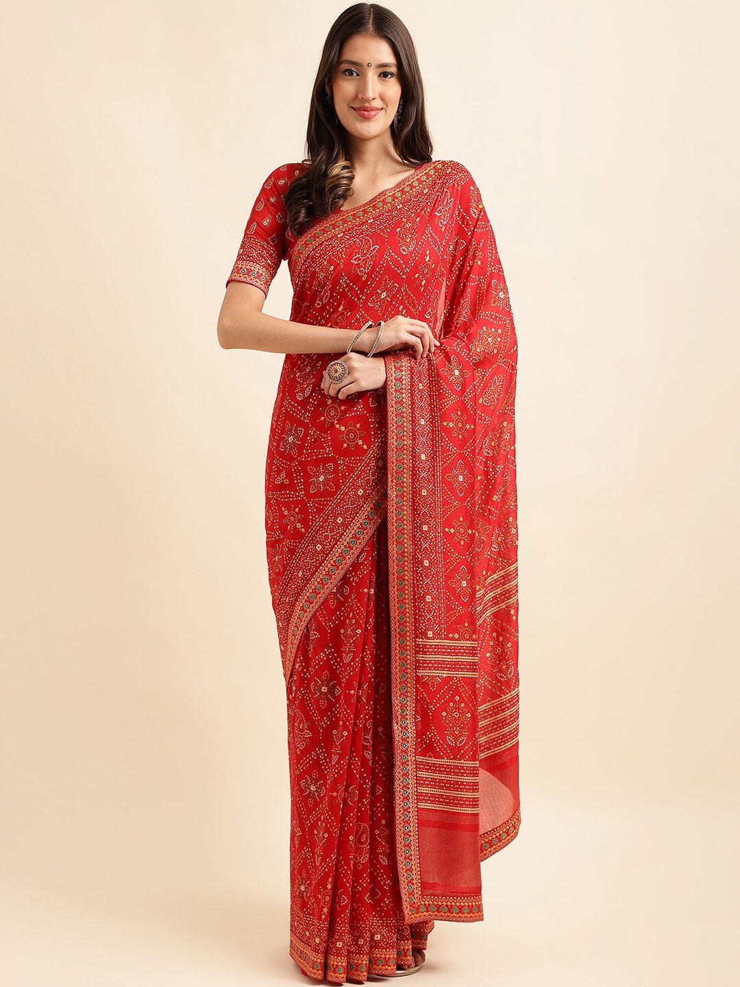 

Mitera Ethnic Motifs Printed Pure Silk Saree, Red
