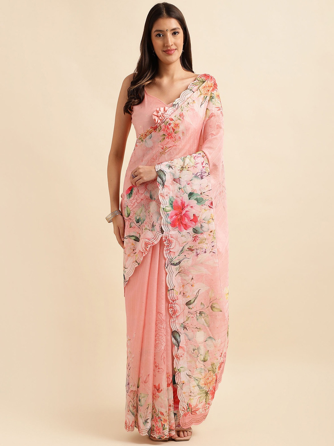 

Mitera Peach-Coloured & Pink Floral Printed Organza Saree
