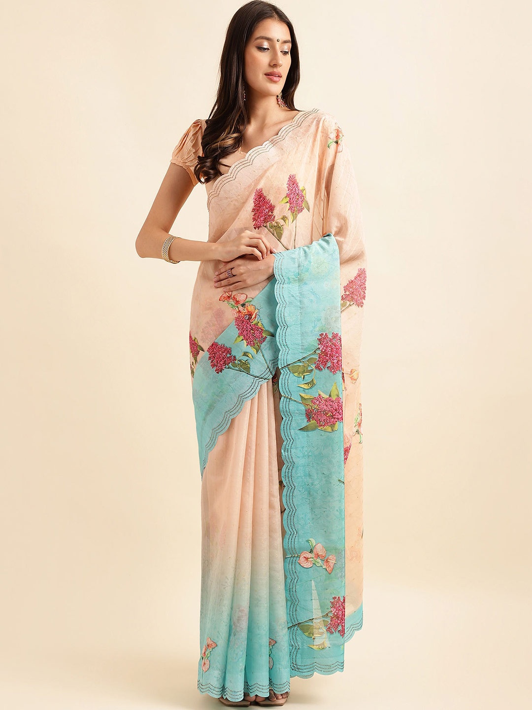 

Mitera Floral Printed Organza Saree, Beige