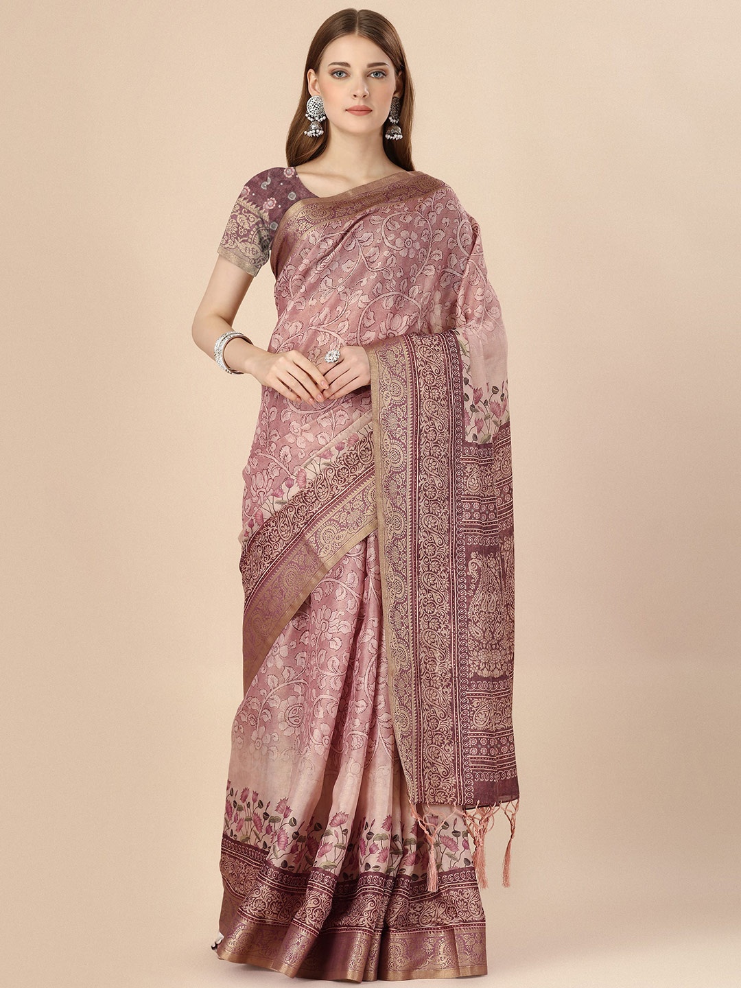 

Mitera Floral Printed Zari Silk Cotton Saree, Peach
