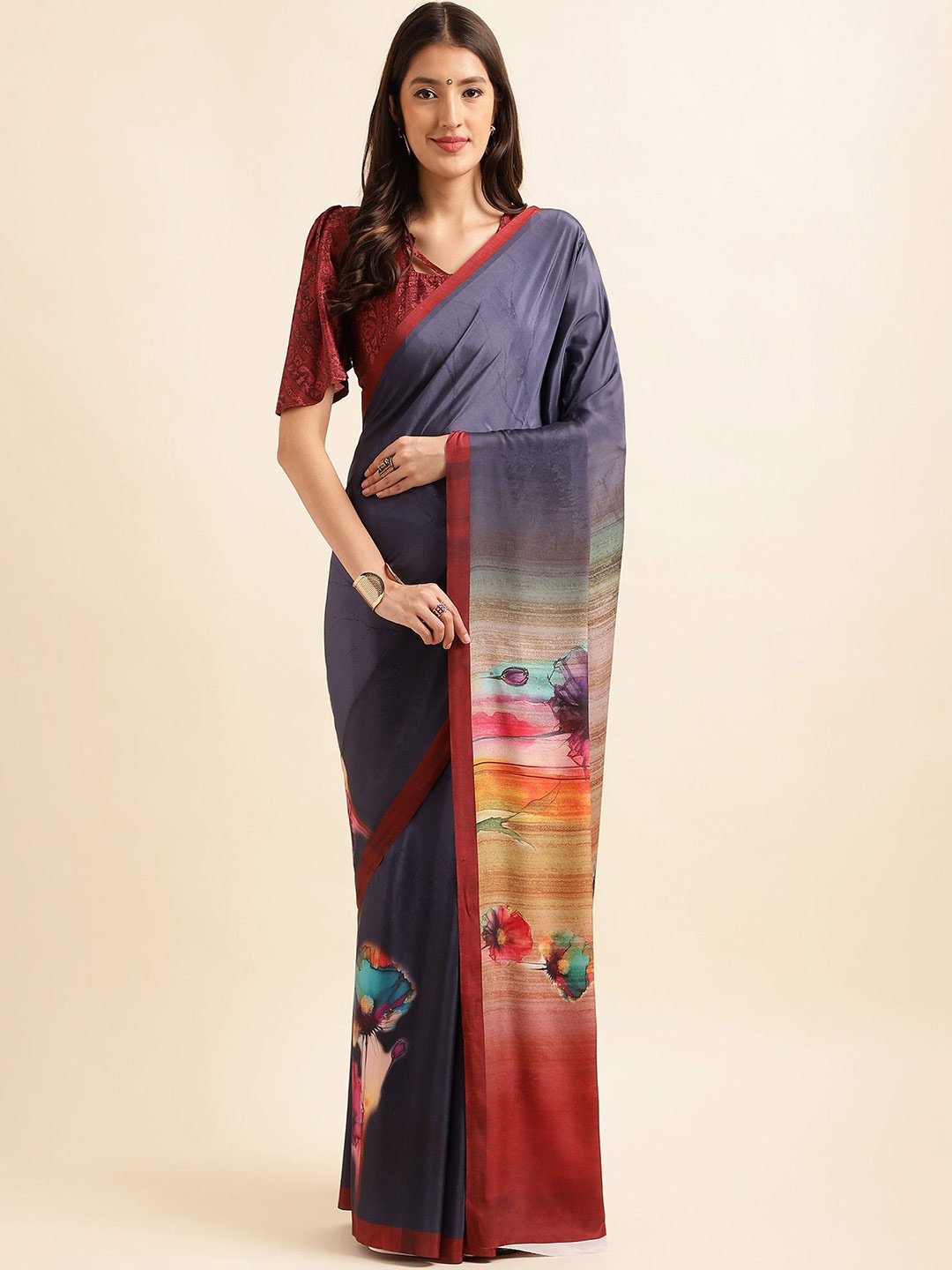 

Mitera Navy Blue & Red Floral Printed Pure Silk Saree