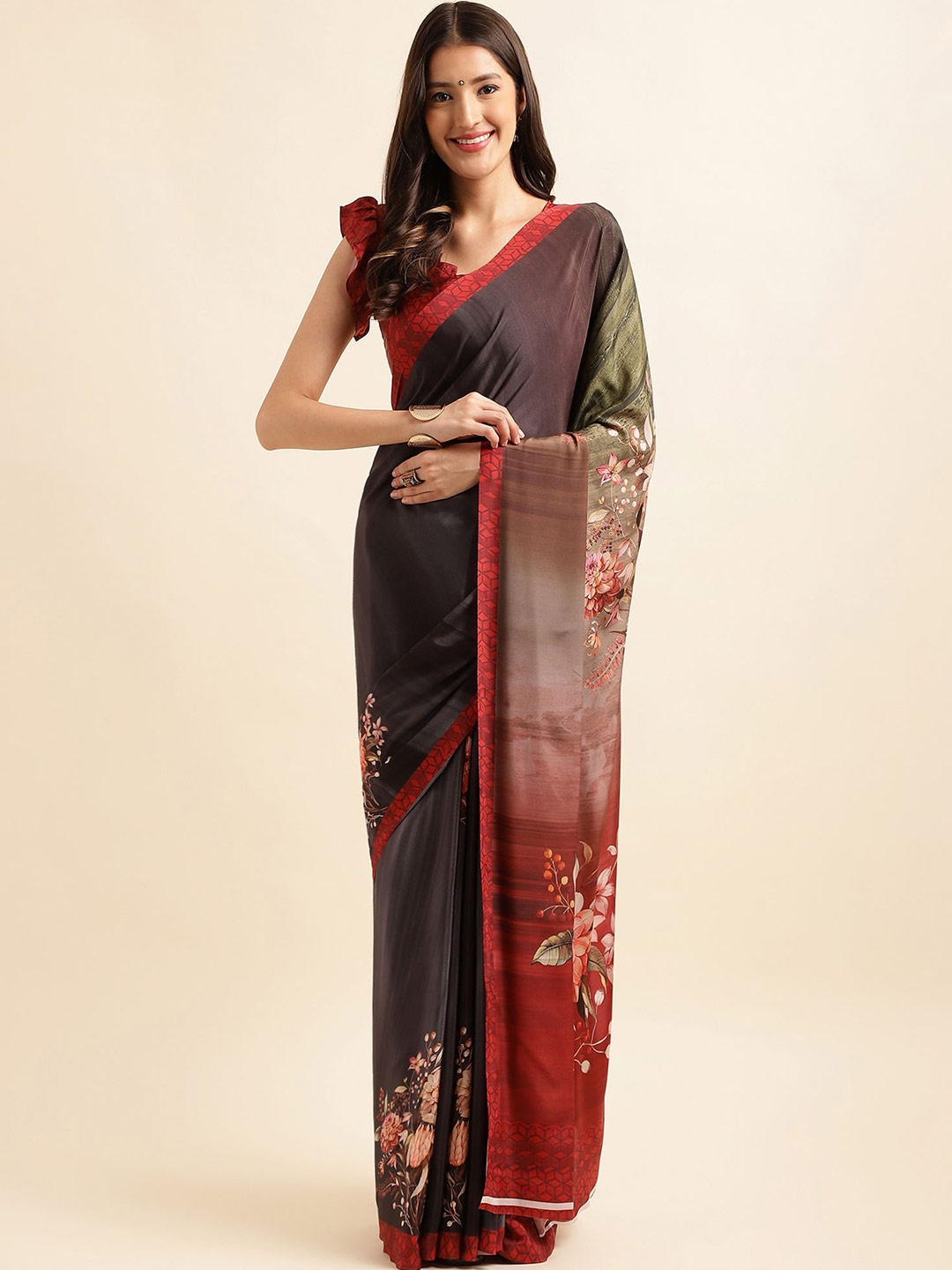 

Mitera Floral Printed Pure Silk Saree, Brown
