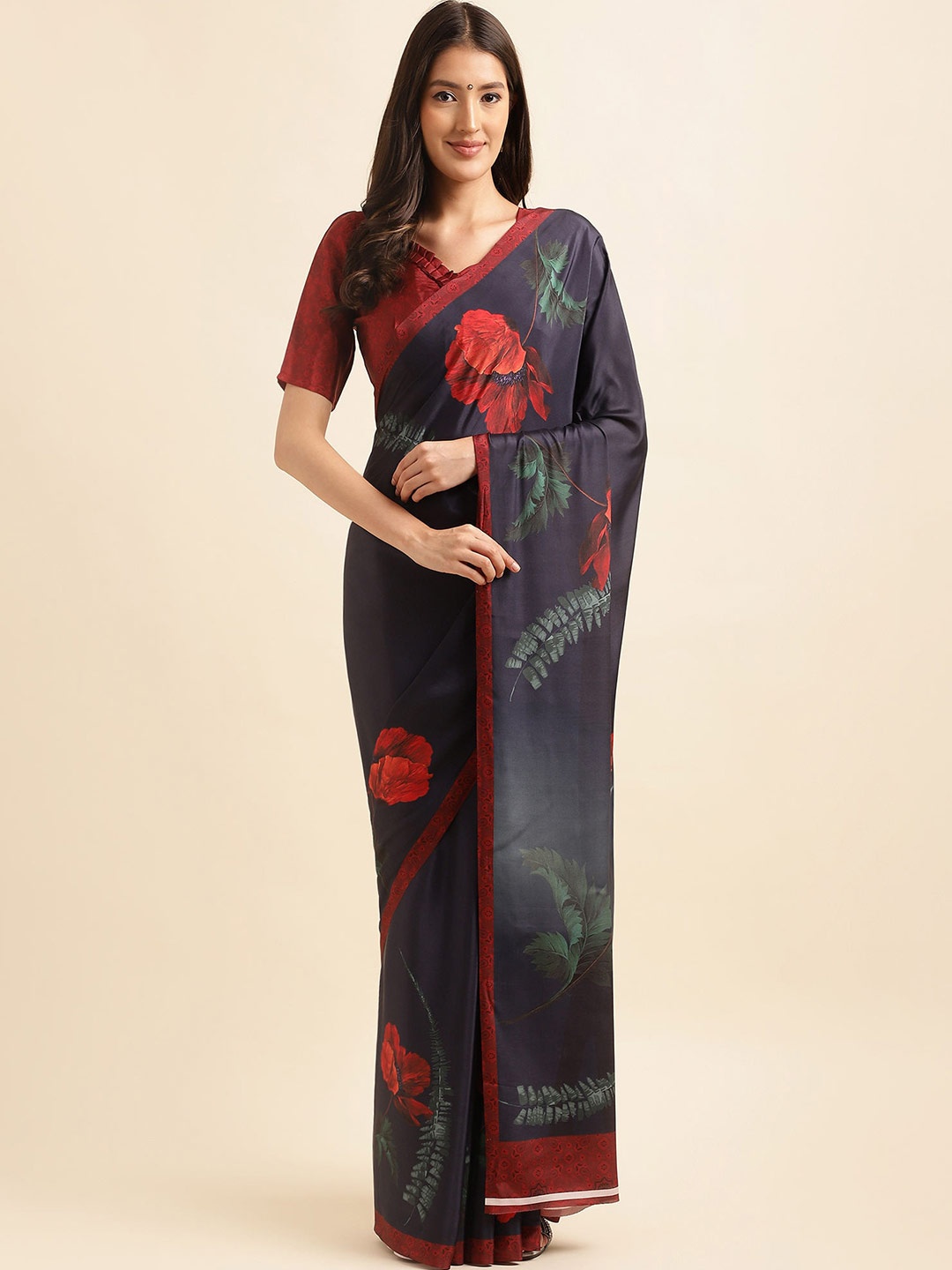 

Mitera Floral Printed Pure Silk Saree, Black