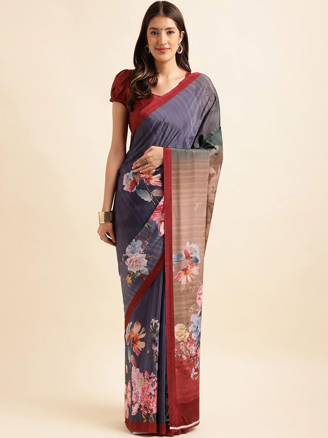 

Mitera Floral Printed Pure Silk Saree, Blue