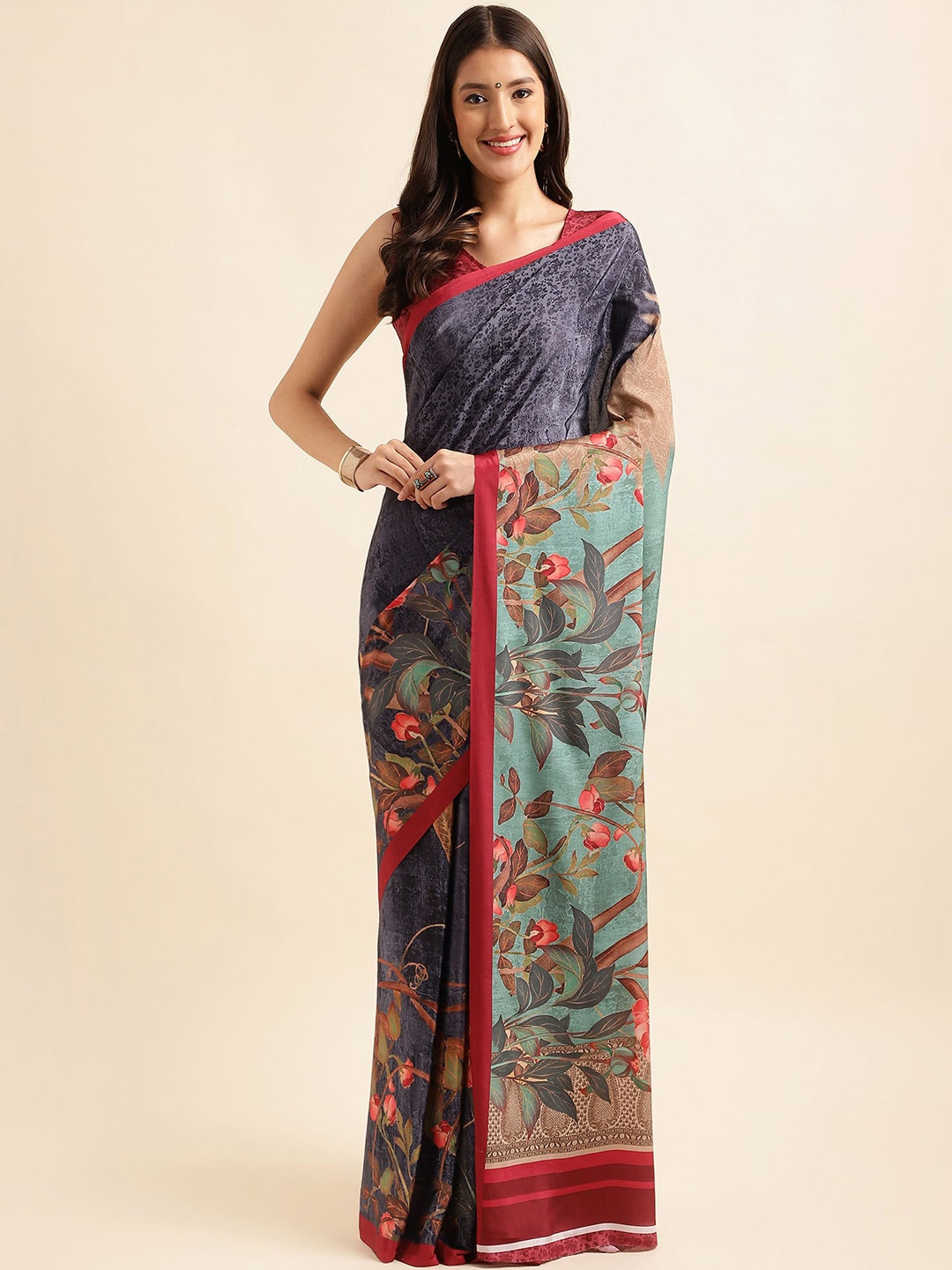 

Mitera Floral Printed Pure Silk Saree, Grey